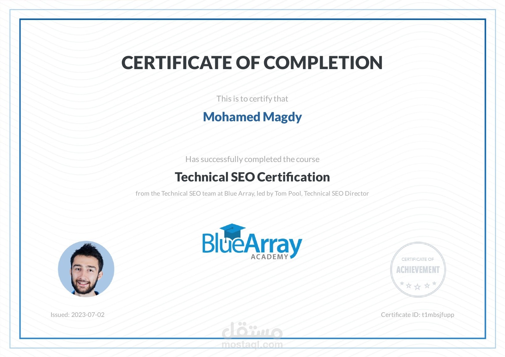 شهادة في تحليل السيو التقني من أكاديمية بلو أراي البريطانية- bluearray technical seo certificate