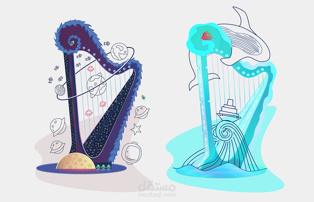 رسومات لموقع الكتروني لتعليم آلة الـ Harp الموسيقية