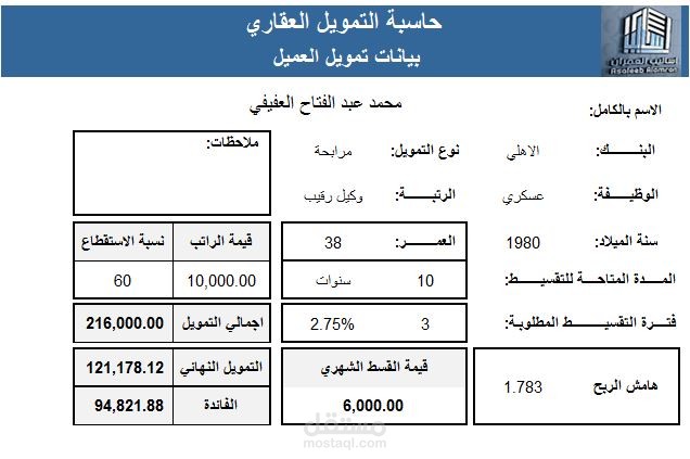 حاسبة التمويل العقاري- اكسل