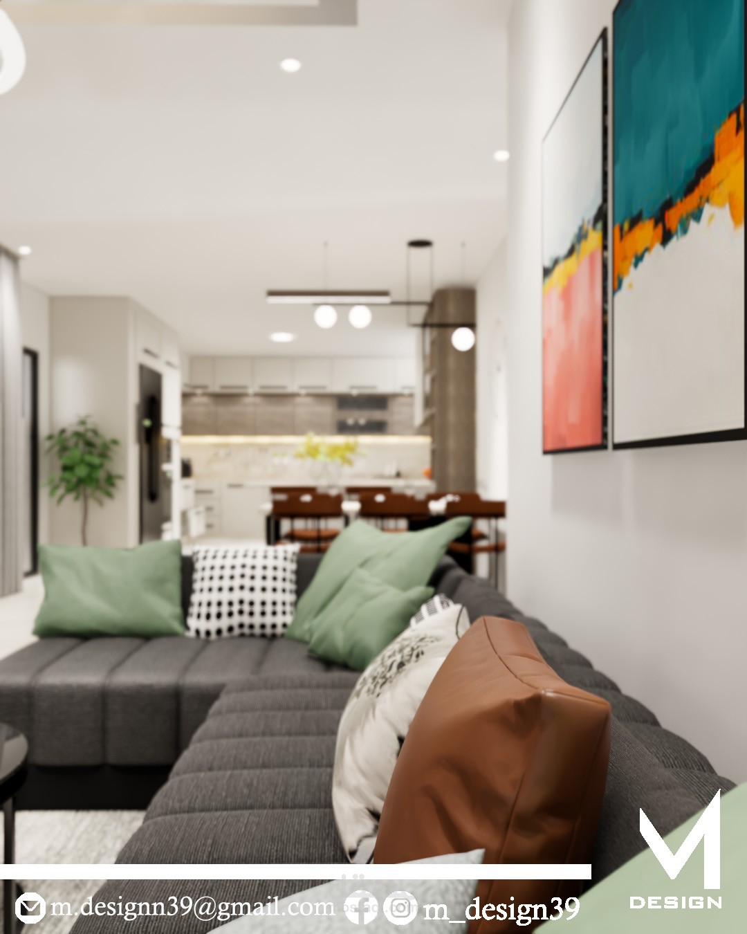 تصميم داخلي لغرفة معيشة مع مطبخ مفتوح مودارن