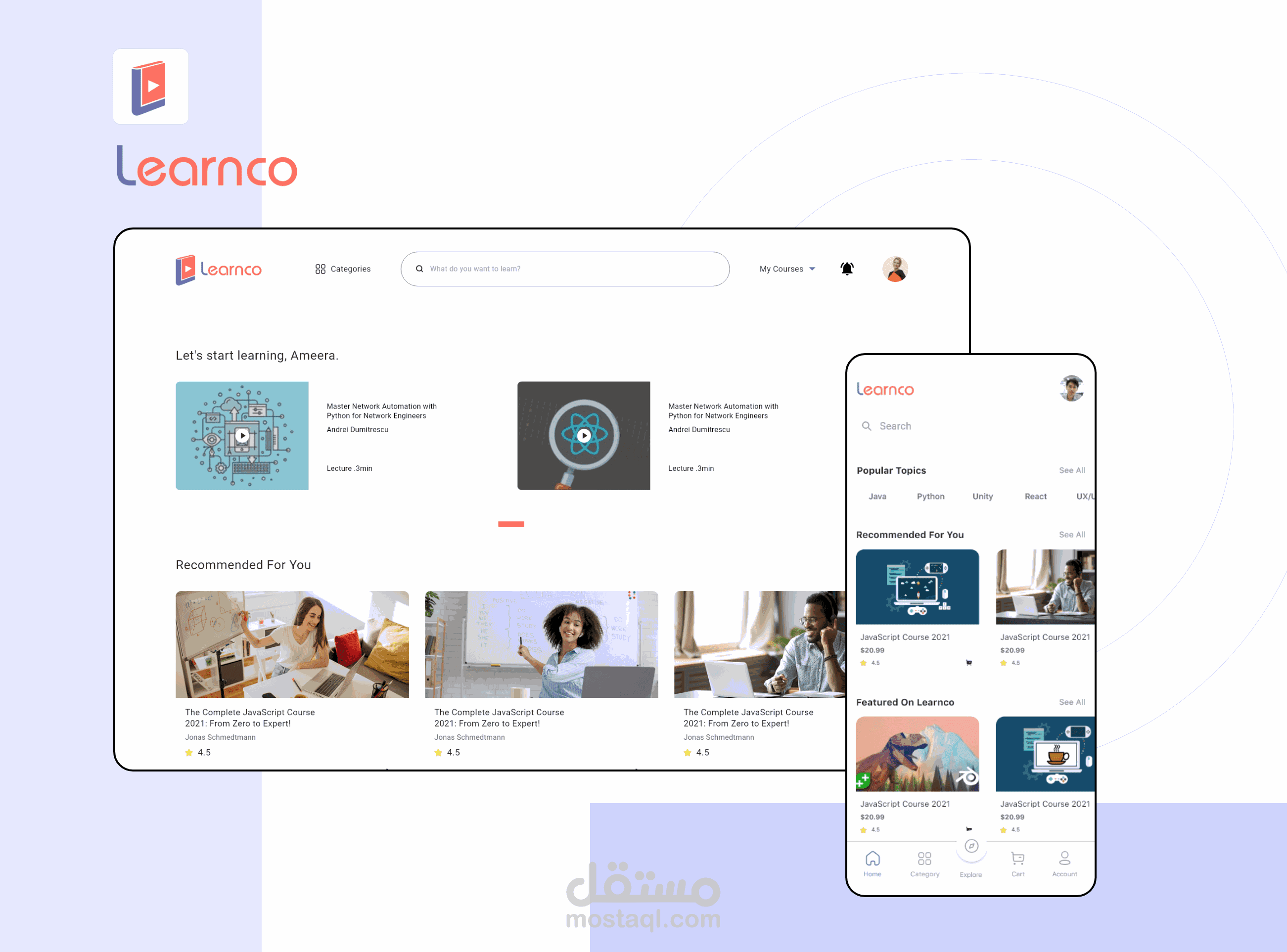تصميم و برمجة موقع وتطبيق تعليمي UX UI و عمل دراسة كاملة لألية العمل و التصميم- Learnco