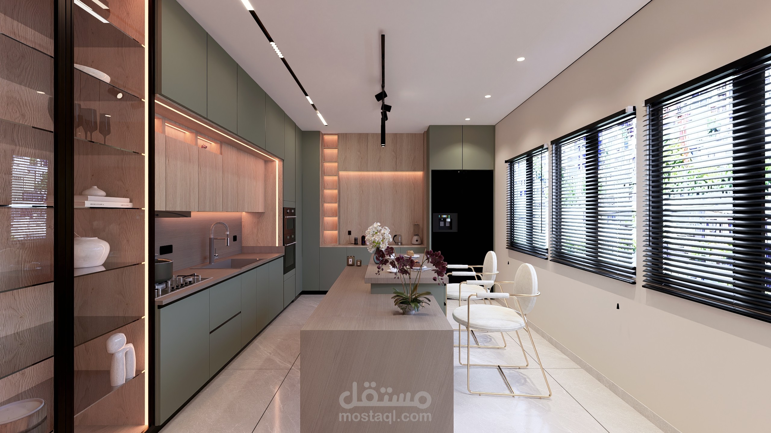 مطبخ بتصميم أنيق يجمع بين اللون الأخضر الزيتوني الدافئ ولمسات الخشب الطبيعي