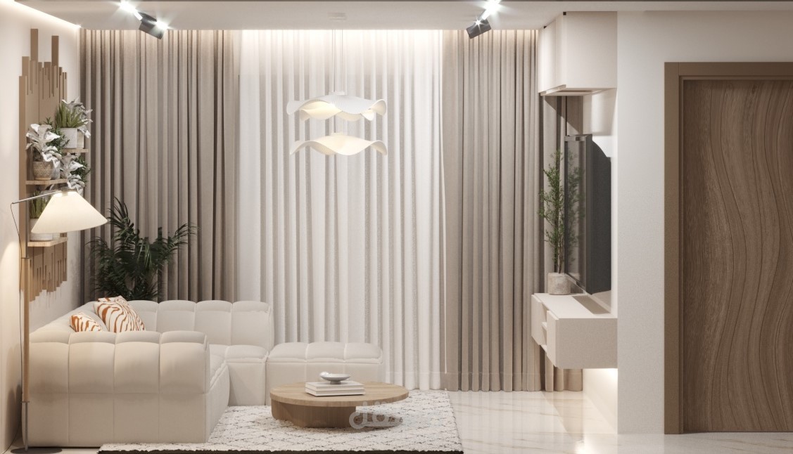 تصميم داخلى لغرفة معيشة ومطبخ