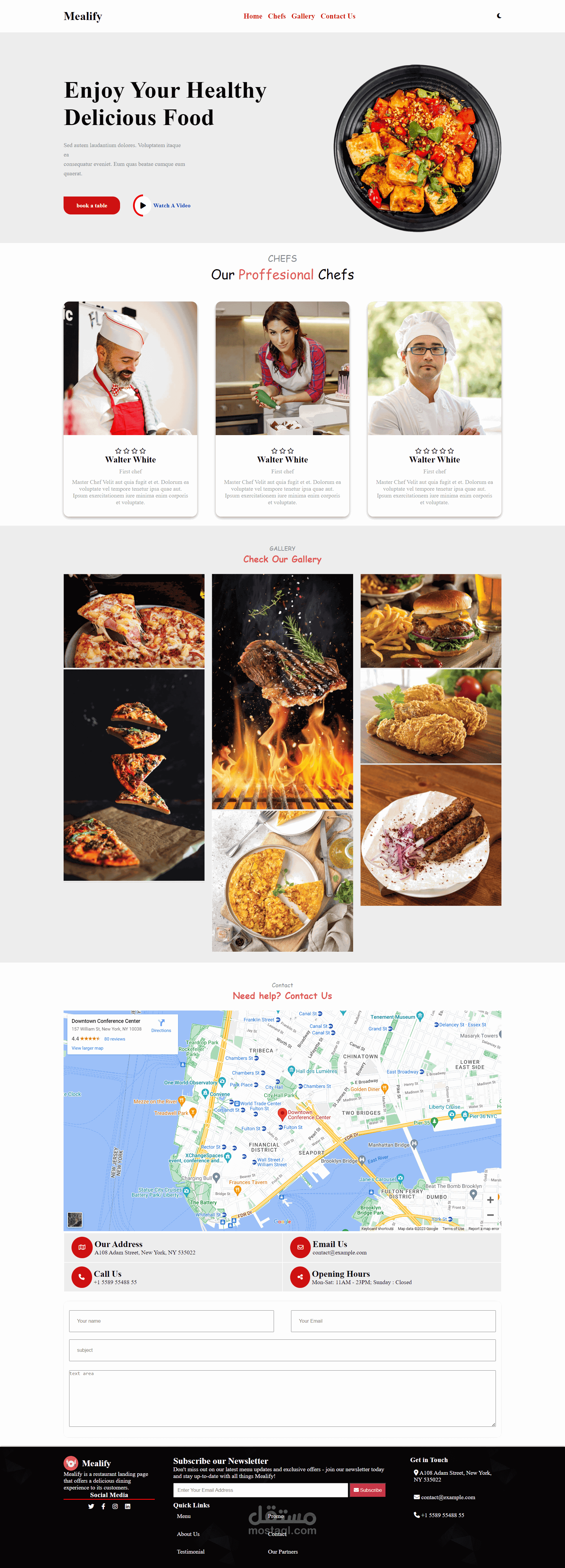 landing page for a resturant
