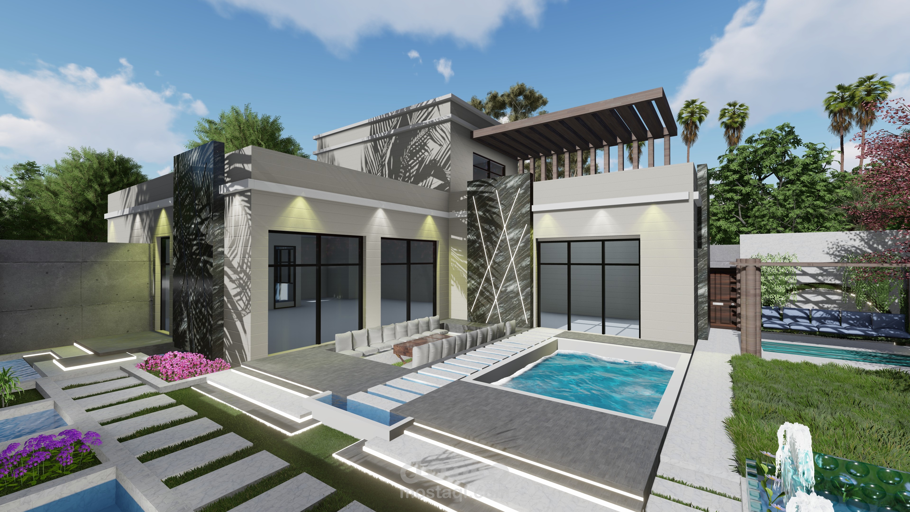 تصميم حديث لواجهه فيلا والحديقه الاماميه