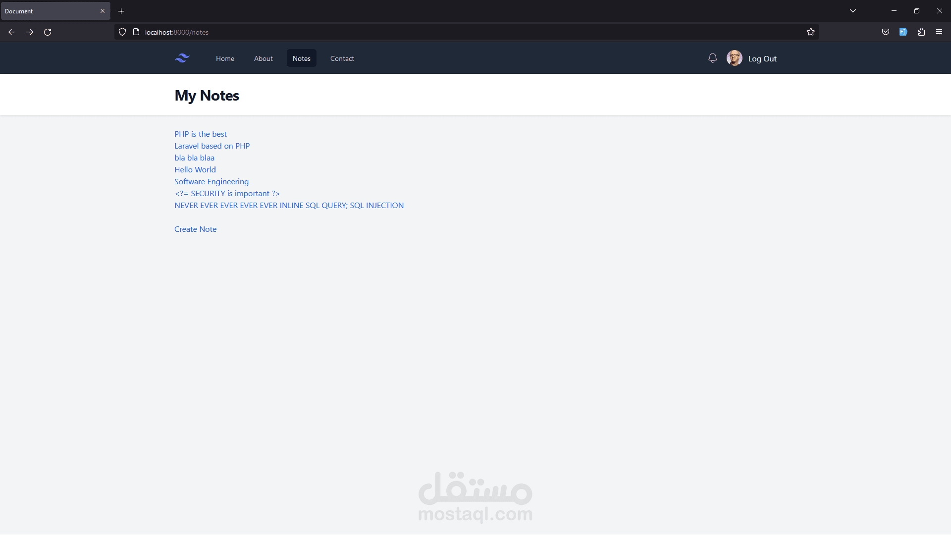 بناء اطار عمل لارافيل وانشاء موقع للملاحظات