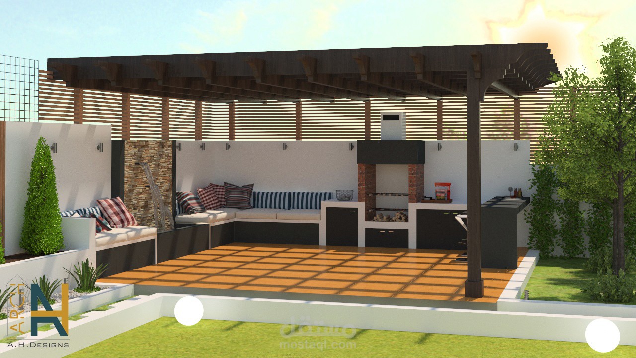 تصميم جلسة مع باربكيو-Backyard design with barbecue
