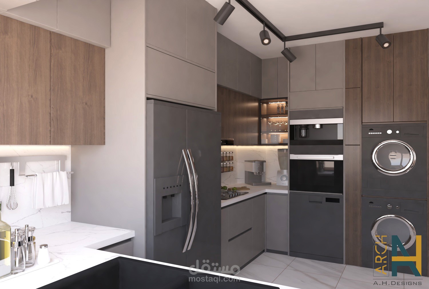 تصميم مطبخ رمادي/خشبي - wooden grey kitchen design