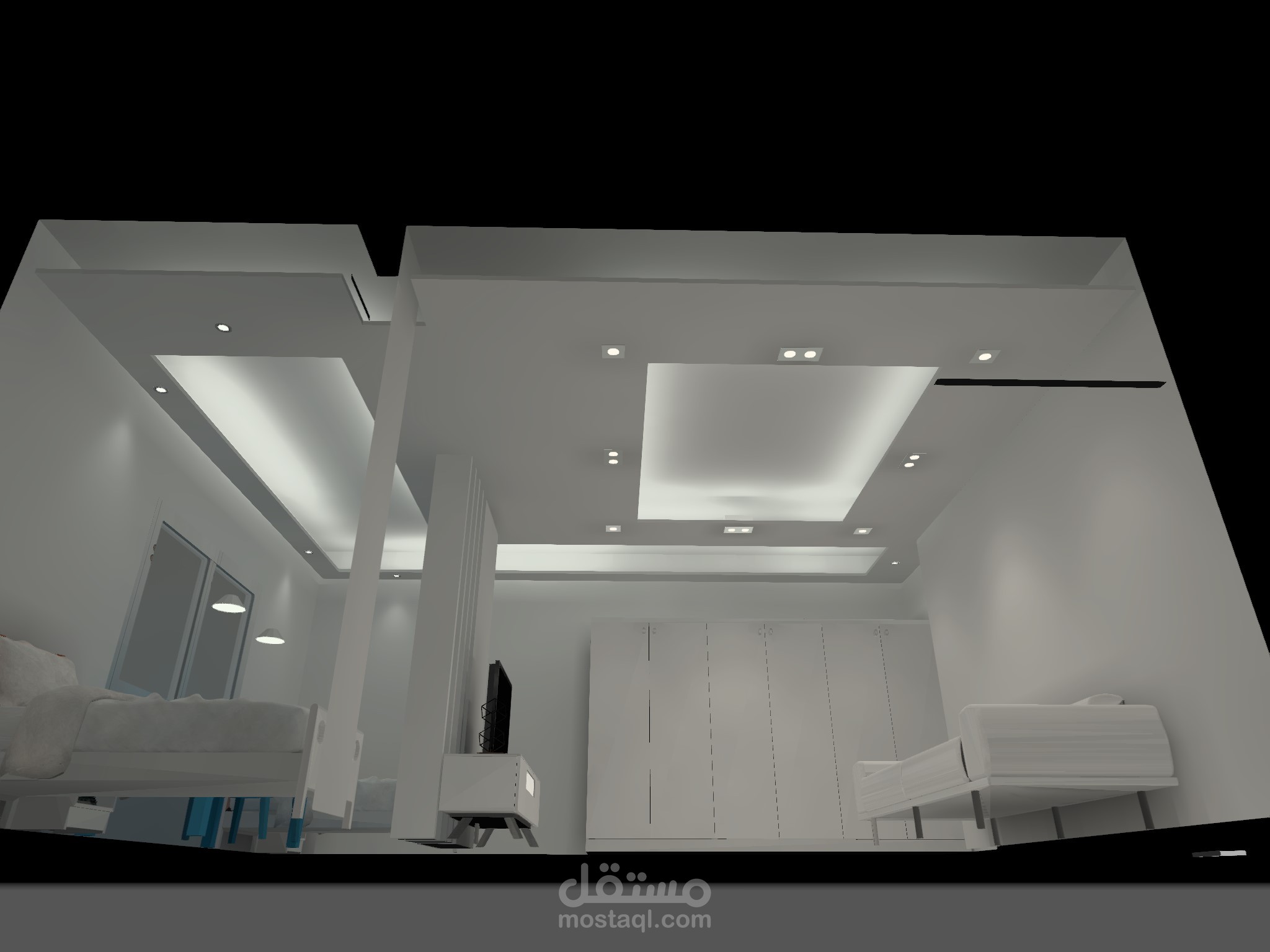 مشروع توزيع الإضاءة وتصميم سقف معلق 3D لغرفة أطفال وغرفة معيشة لشقة