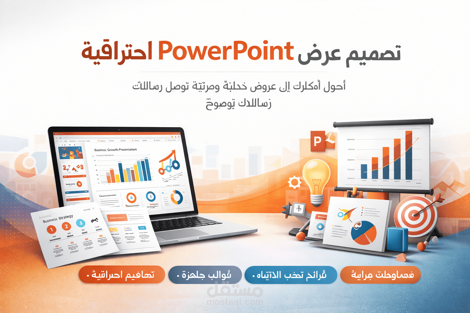 تصميم عروض PowerPoint احترافية  حوّل أفكارك إلى عرض يلفت الانتباه  عروض تقديمية توصل رسالتك بوضوح  PowerPoint ذكي… منظم… ومقنع