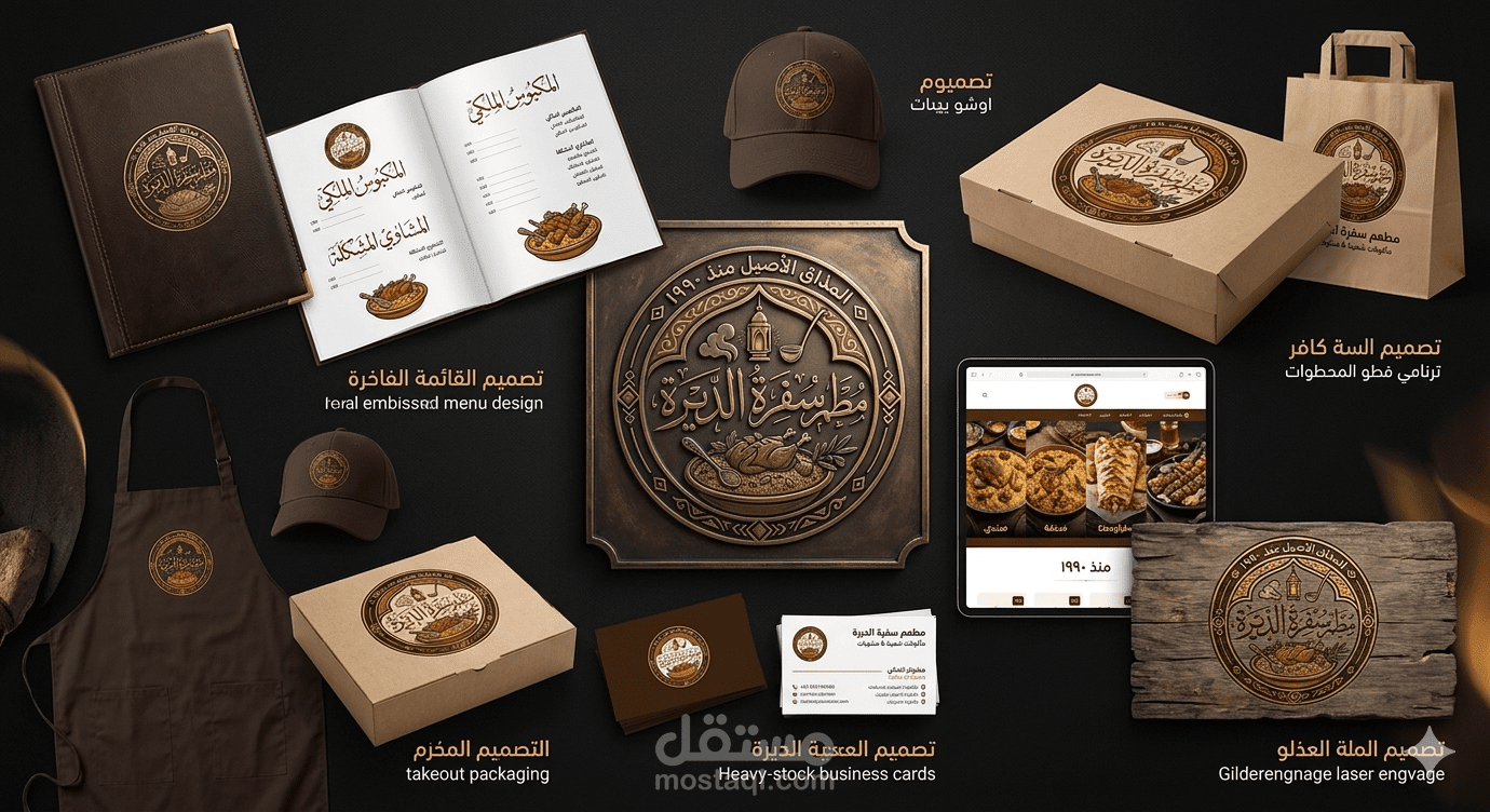 هوية بصرية متكاملة وتصميم شعار لـ "مطعم سفرة الديرة" للمأكولات الشعبية والمشويات