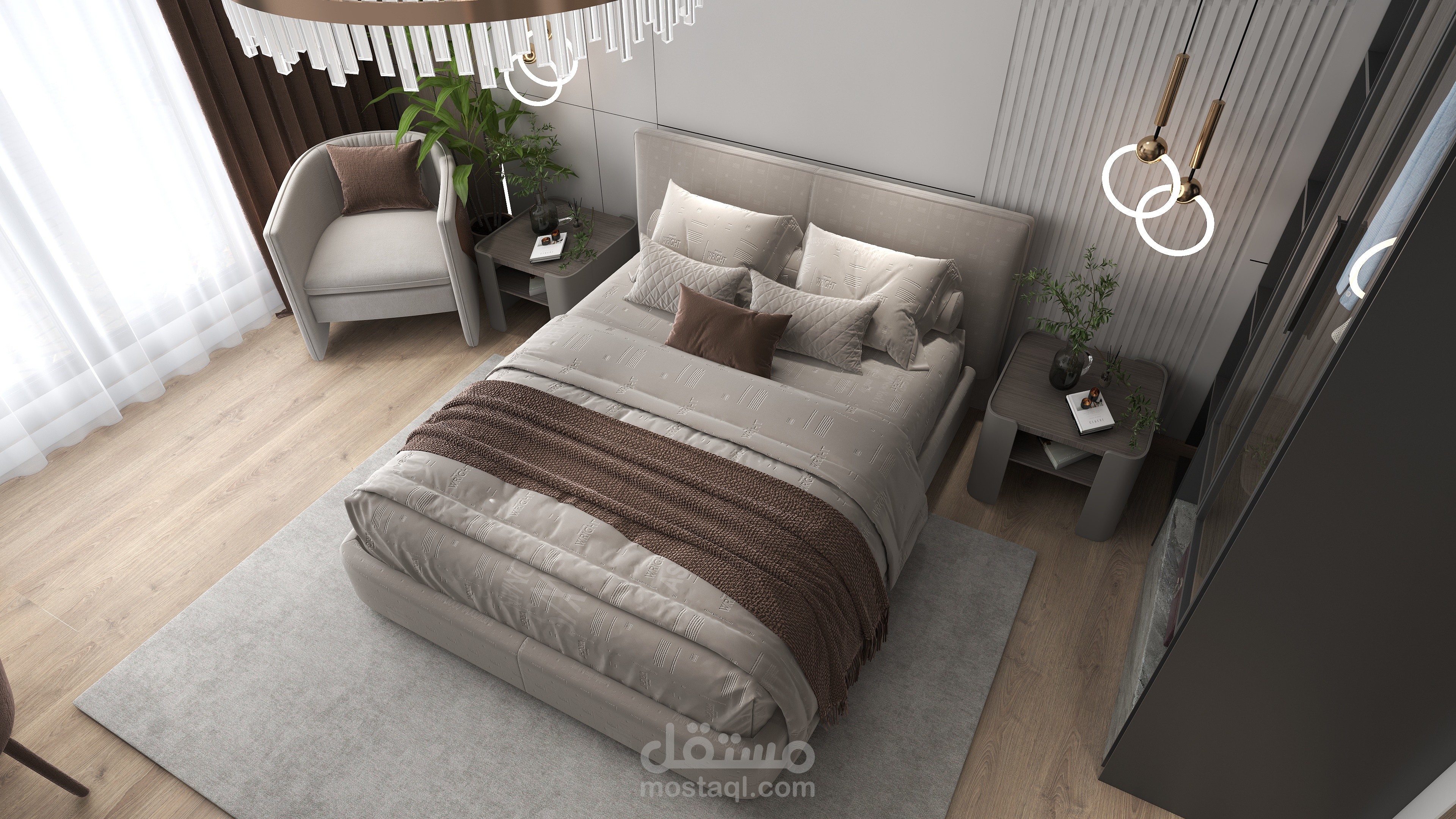 تصميم غرفة نوم 3D بالأبعاد مع اللوحات التنفيذية