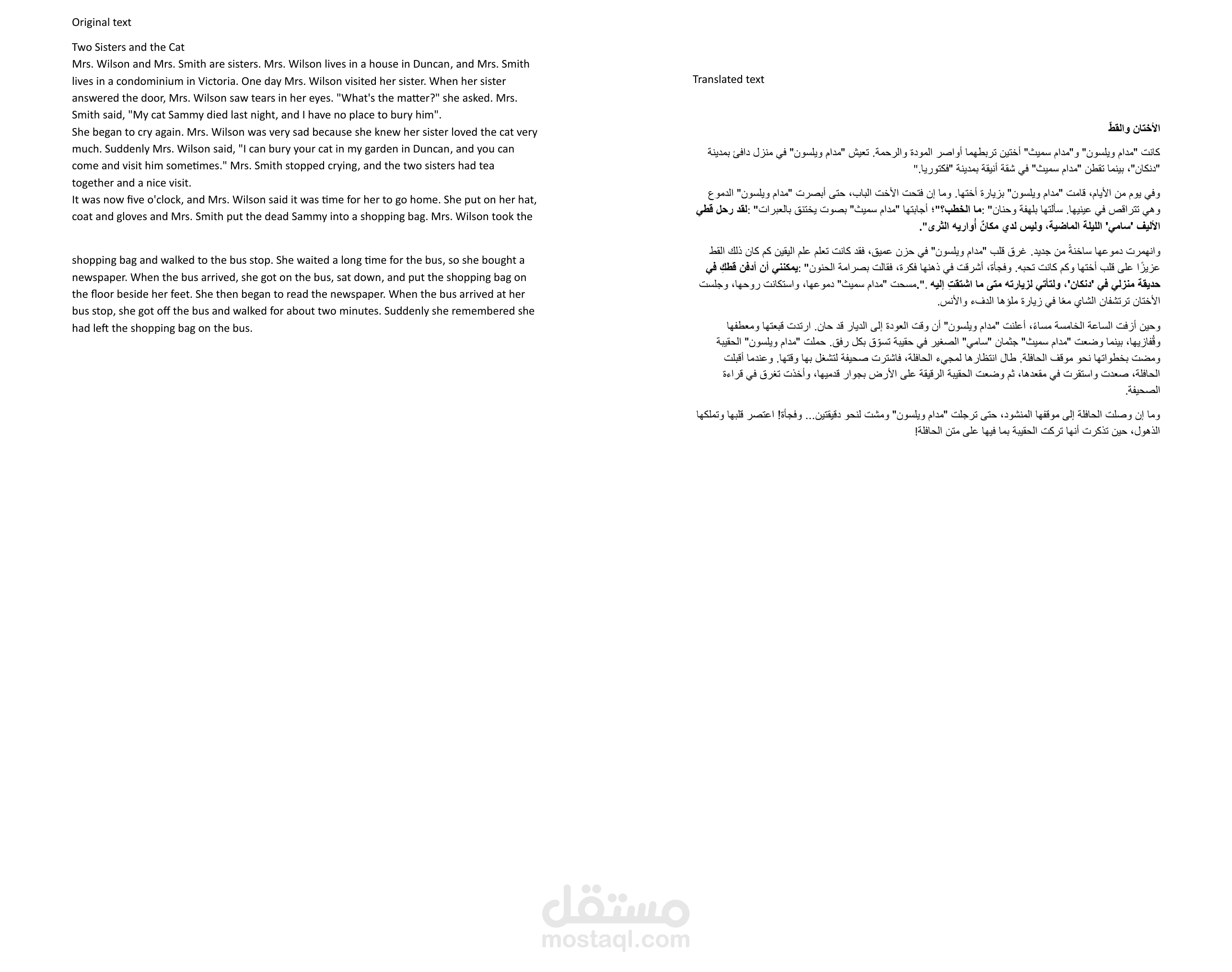 ترجمة أدبية سردية: قصة "الأختان والقط" من اللغة الإنجليزية إلى اللغة العربية.