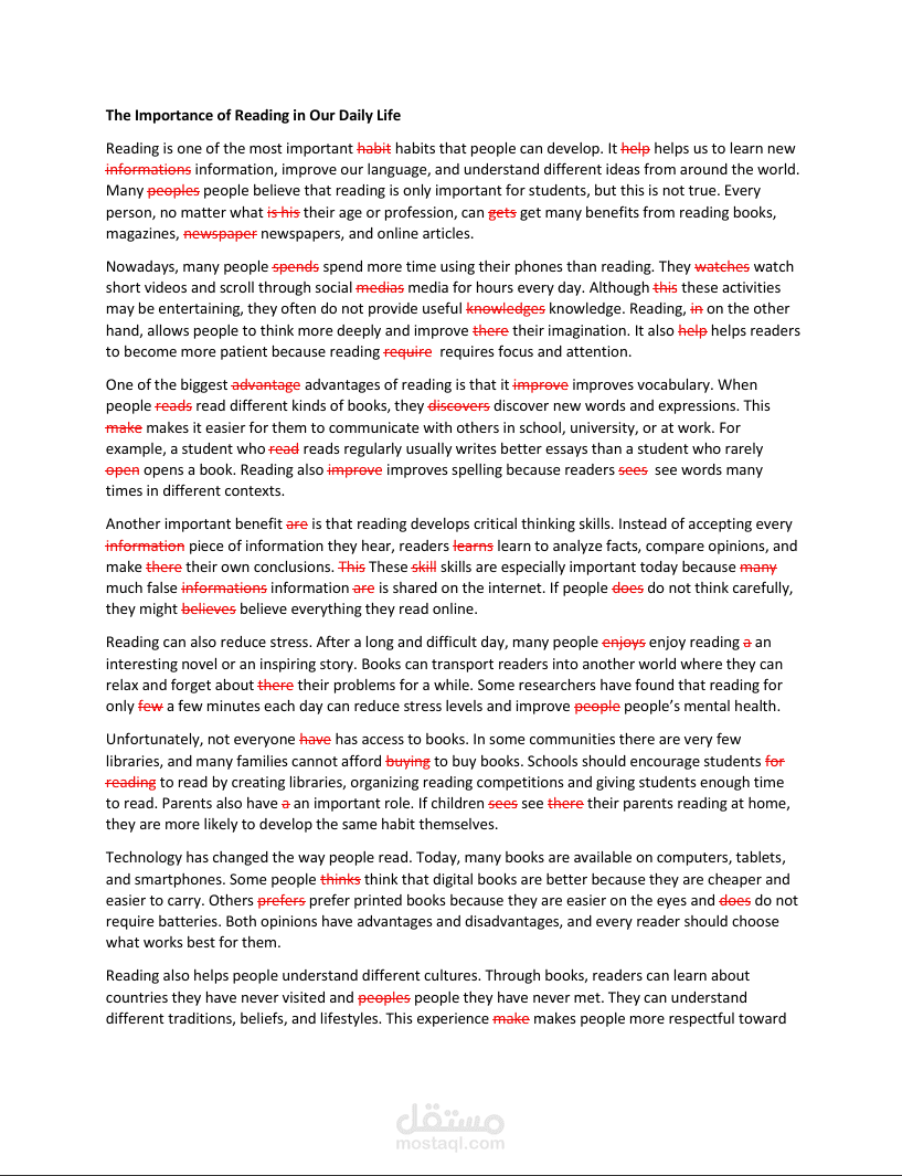تحرير وتدقيق لغوي مقال باللغة الإنجليزية: "أهمية القراءة في حياتنا اليومية" (Editing & Proofreading)