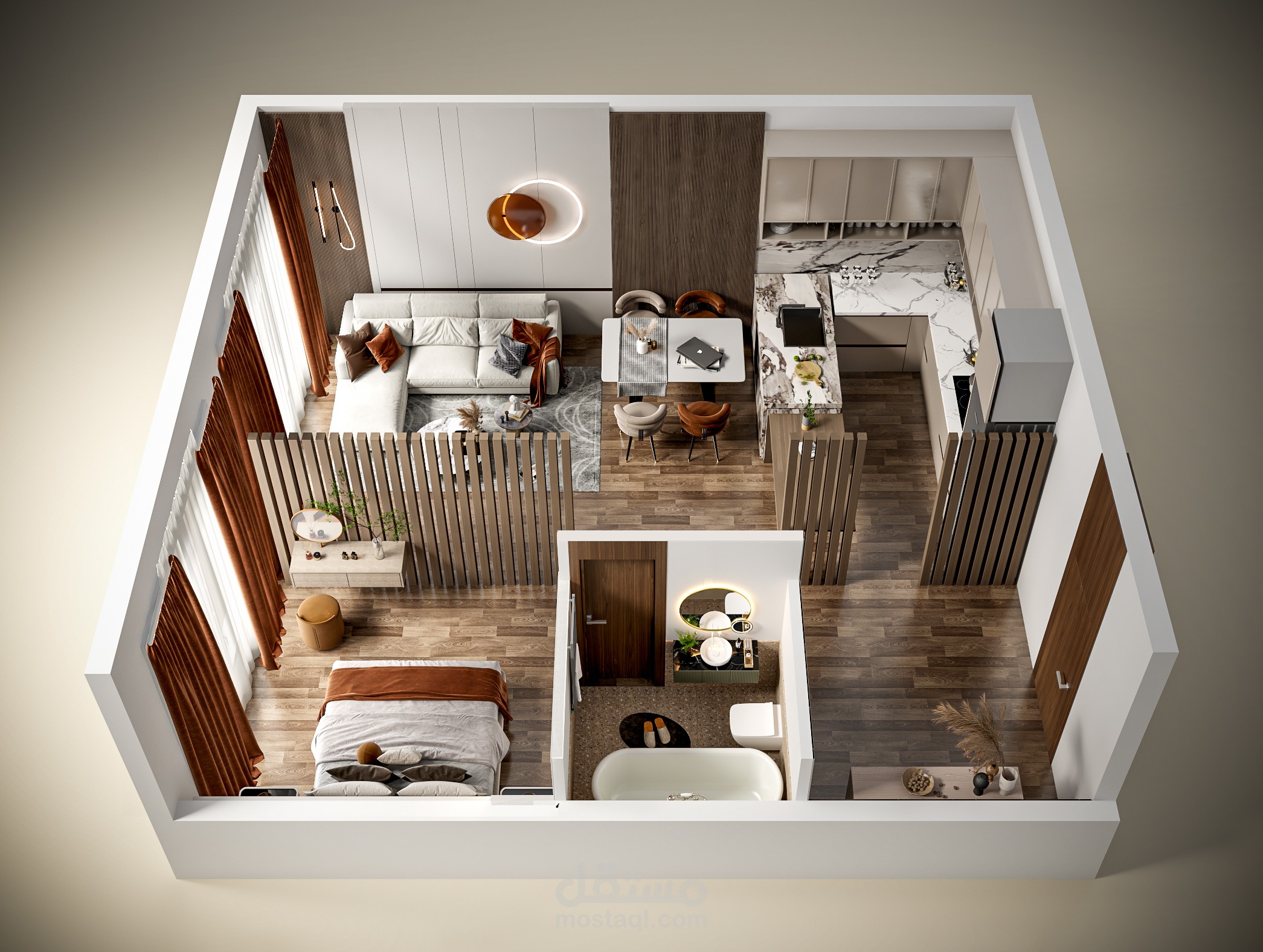 (إظهار مختلف) نموذج شقة ستوديو  3D FLOOR PLAN /TOP VIEW/ SECTION