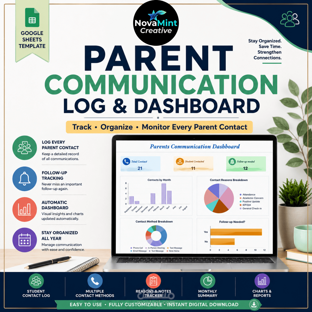 Parent Communication Log & Tracker | Editable Google Sheets Dashboard for Teachers