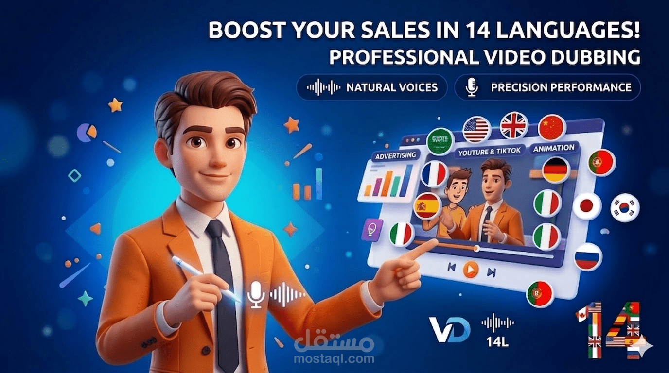 دبلجة احترافية شاملة (إعلانات، دورات، يوتيوب، ورسوم متحركة) بـ 14 لغة