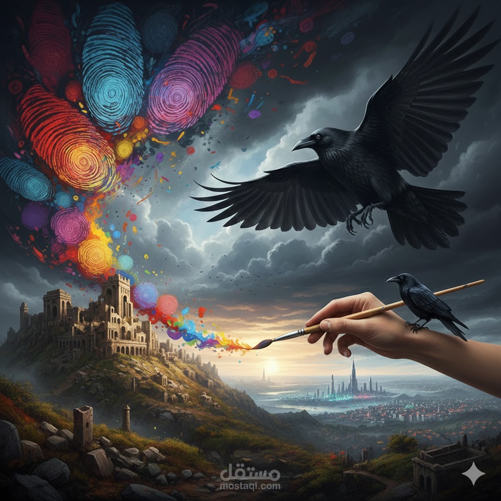 الآدمي والغراب، الآدمي هو الإنسان (إبن آدم)والغراب بمعنى مجازي كرمز الإنذار بنهاية الإنسان