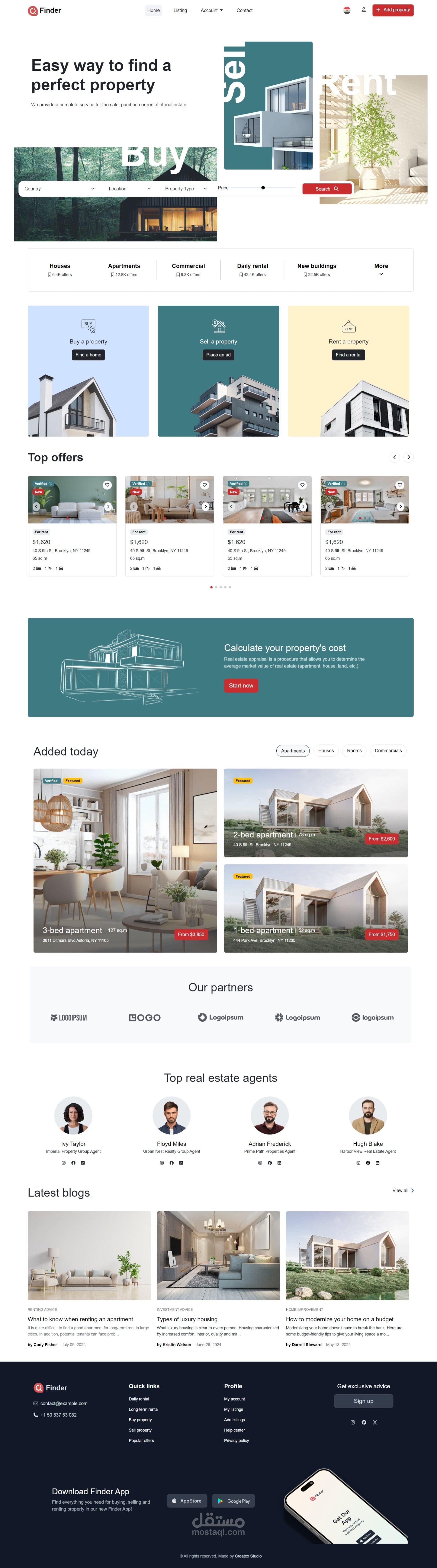 صفحة landing page لموقع للعقارات