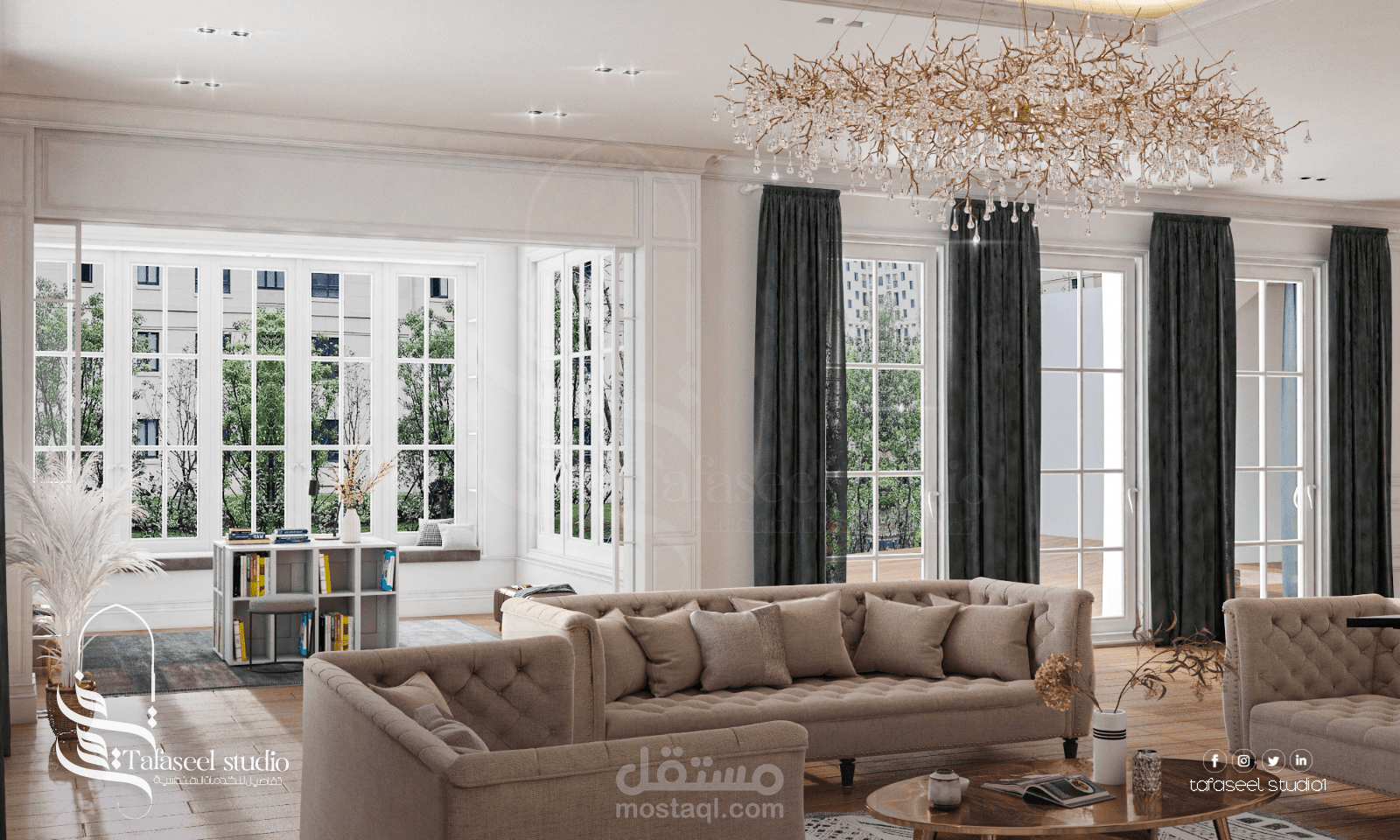 تصميم داخلي صالة معيشة ستايل نيوكلاسيك ريفي