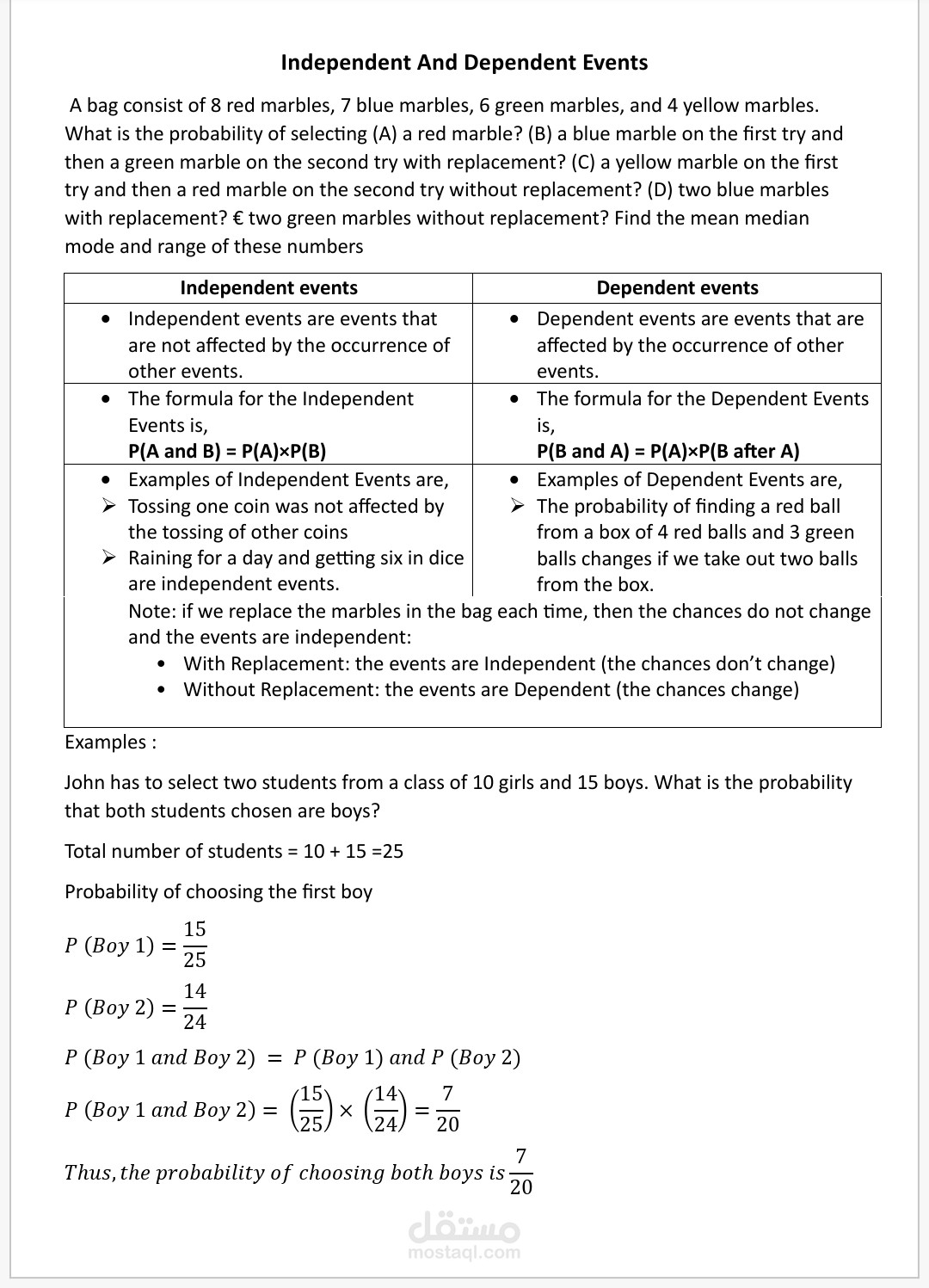 Independent and dependent events word file