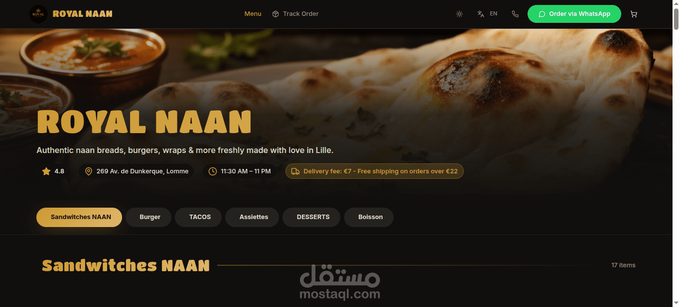 تطوير موقع مطعم احترافي (Royal Naan)