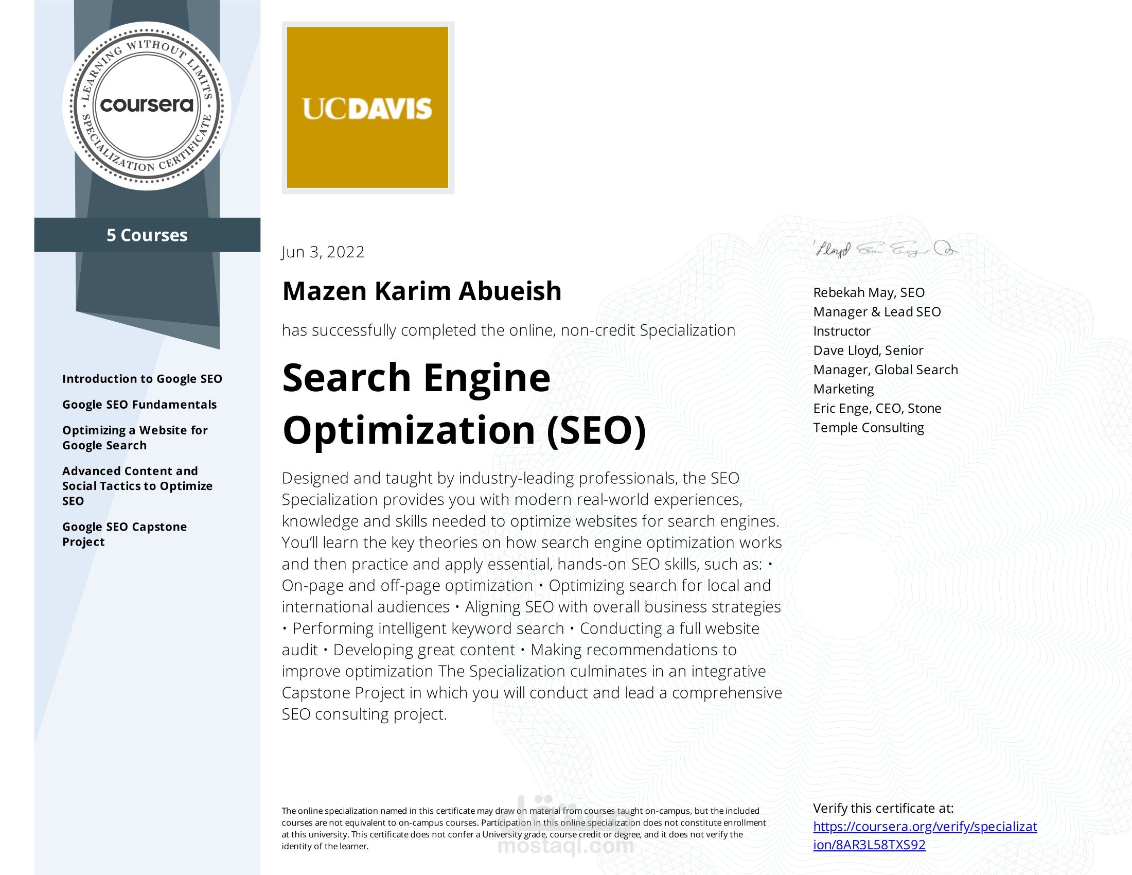 My SEO Certificates