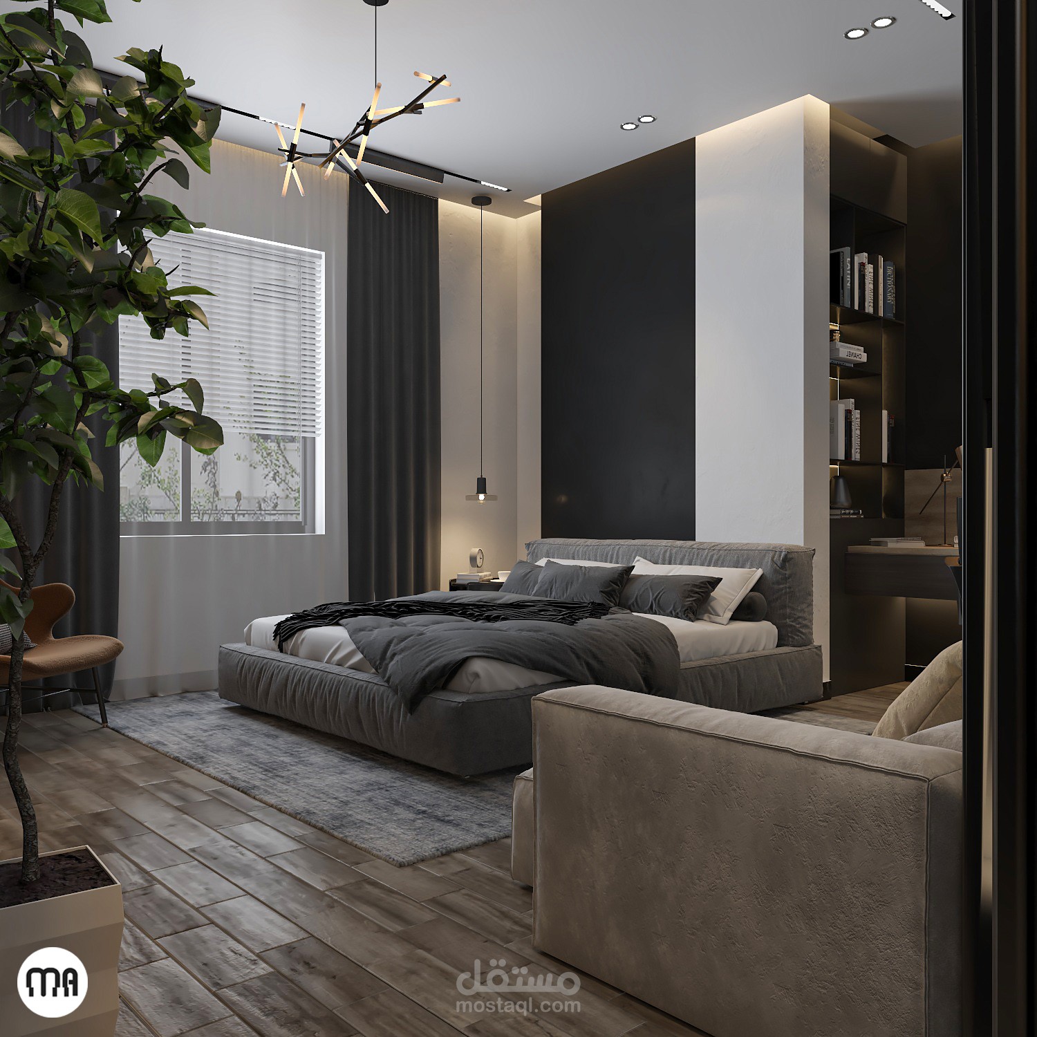 تصميم - داخلي غرفة نوم شبابية مع غرفة ملابس وحمام في السعودية