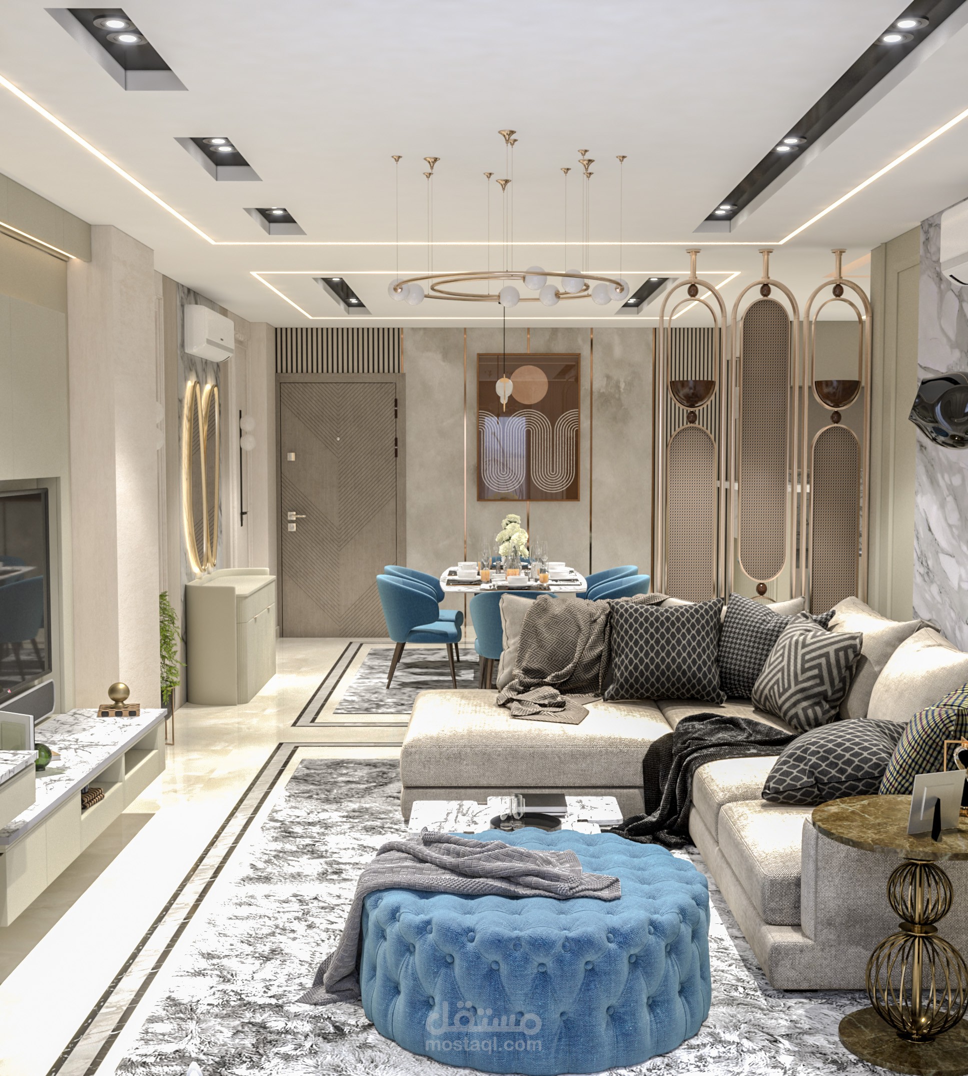 تصميم 3D ريسبشن قطعتين و مطبخ امريكي ببار