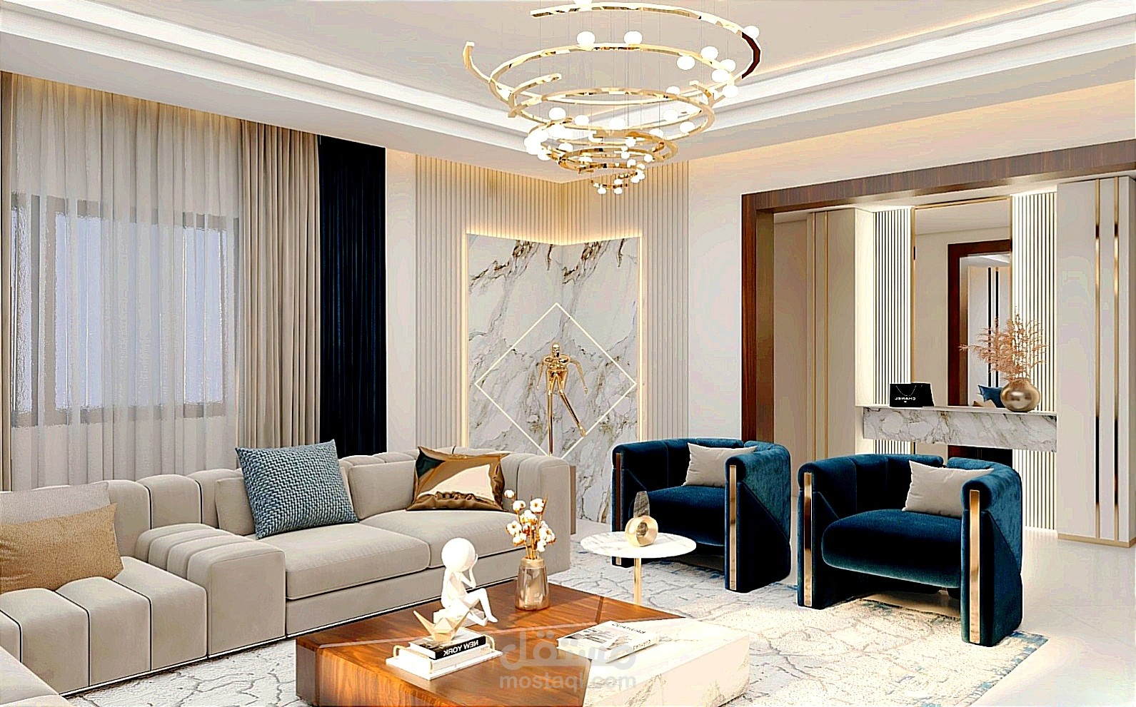 تصميم غرفة معيشة وممر