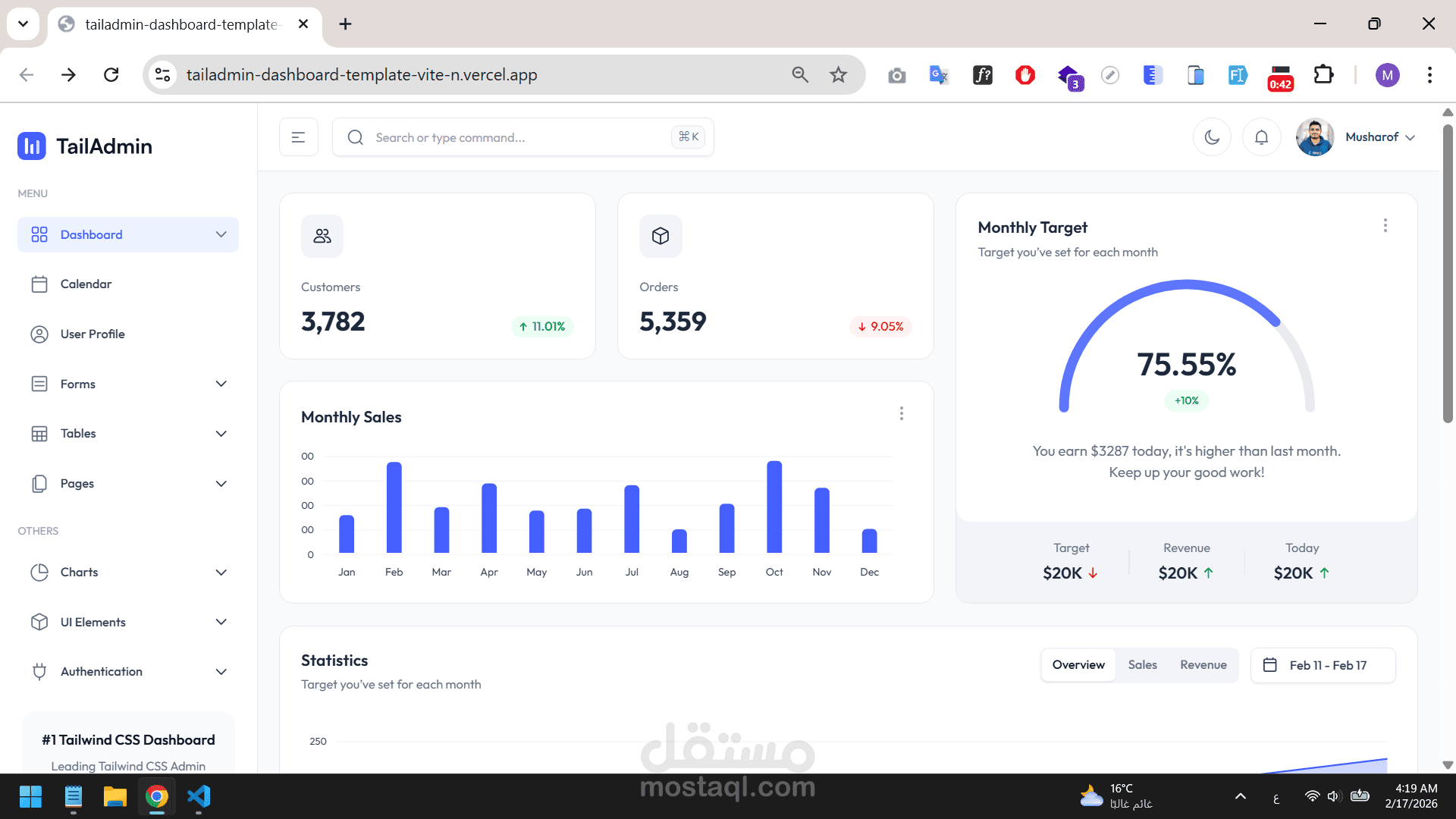 لوحة تحكم احترافية لإدارة التطبيقات والمواقع (Admin Dashboard) – متوافقة مع HTML/CSS/JS، React، وLaravel