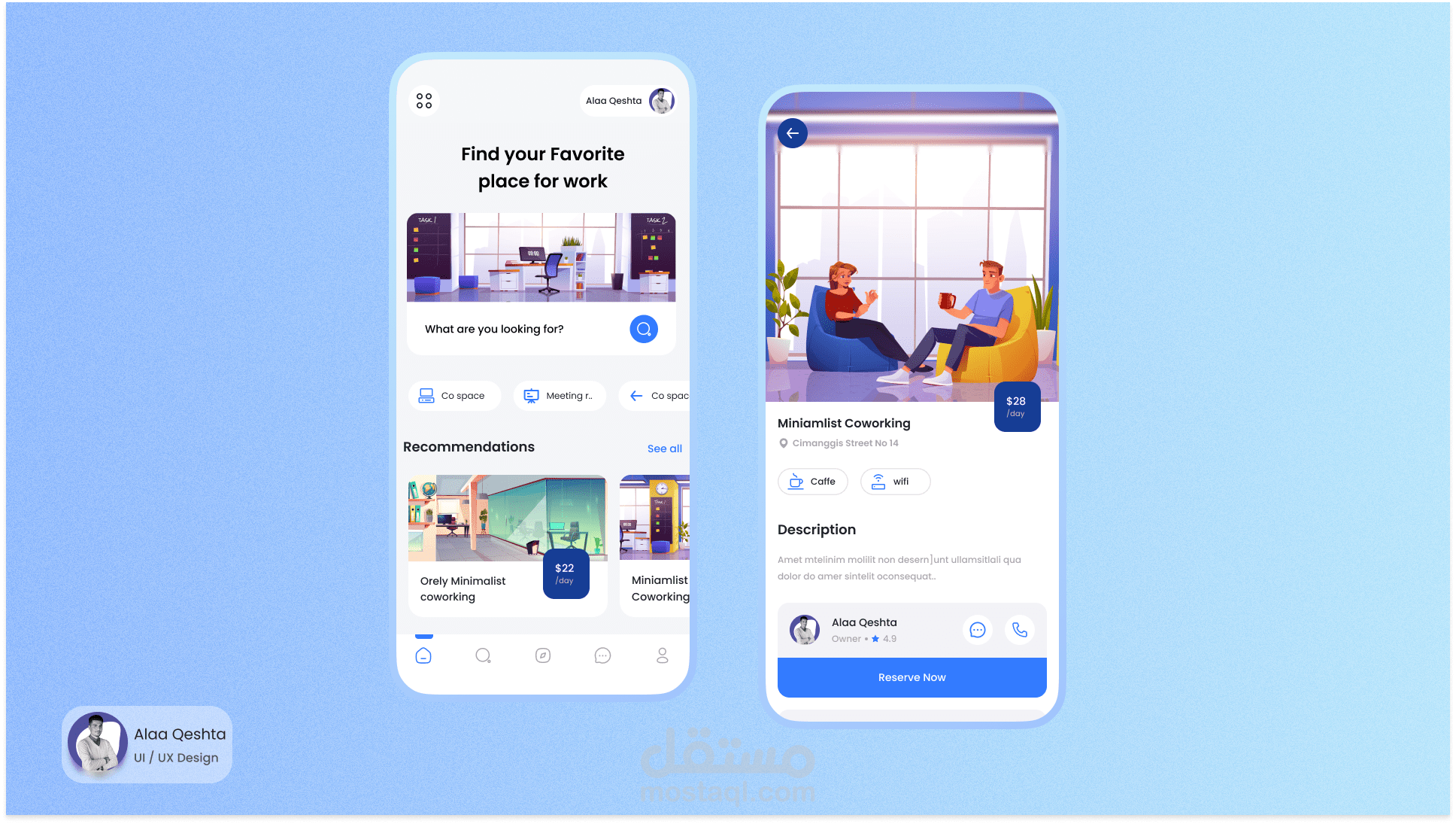 تصميم واجهتين لتطبيق Co-working.