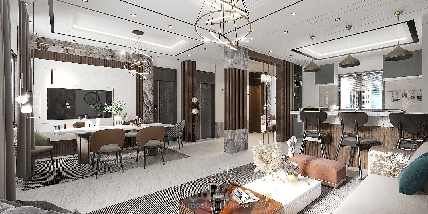 تصميم غرفة معيشة,طعام و مطبخ