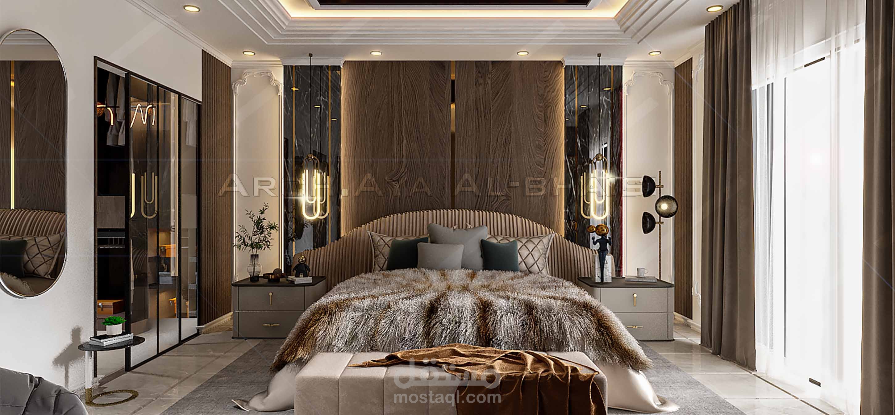 تصميم غرفة نوم رئيسية بنظام نيوكلاسيك.