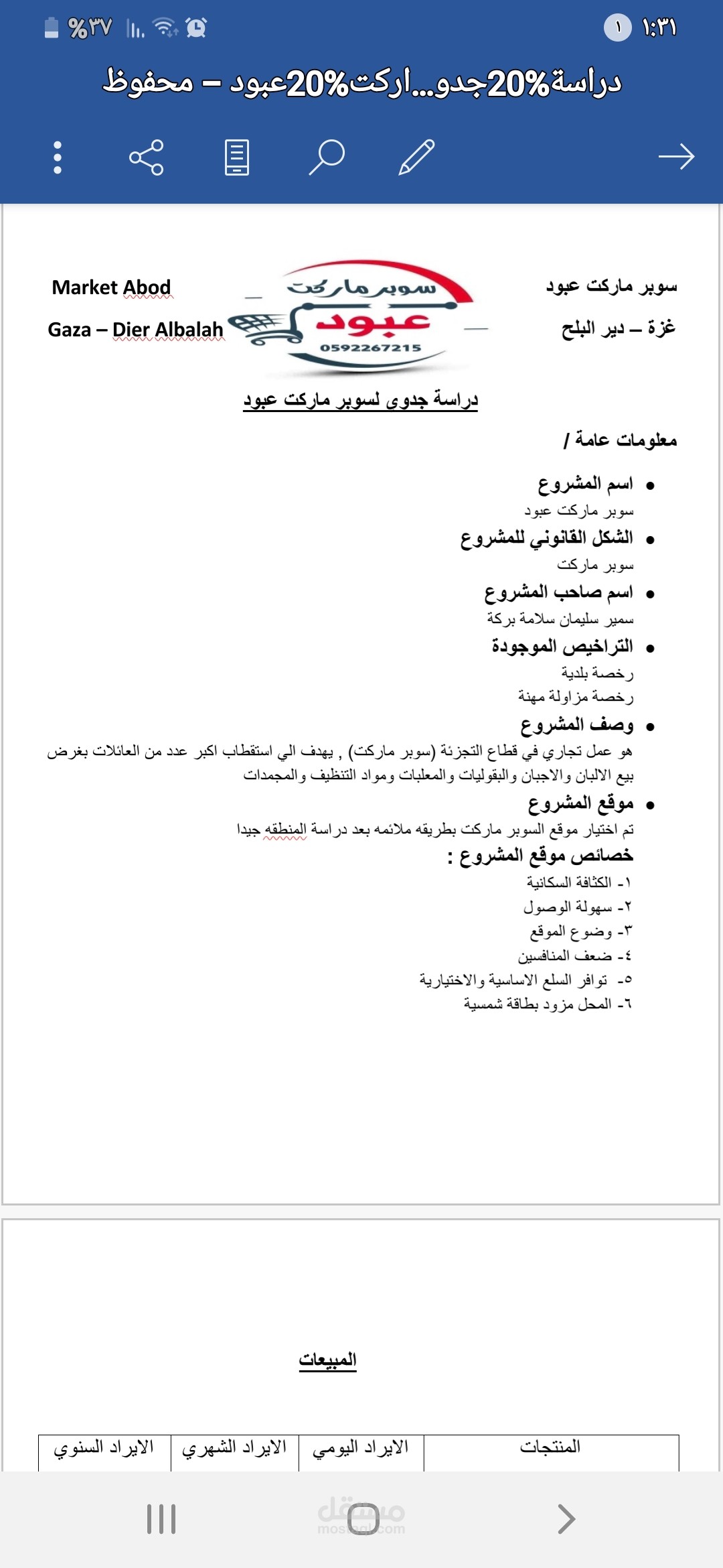 صورة جزئية عن دراسة جدوي