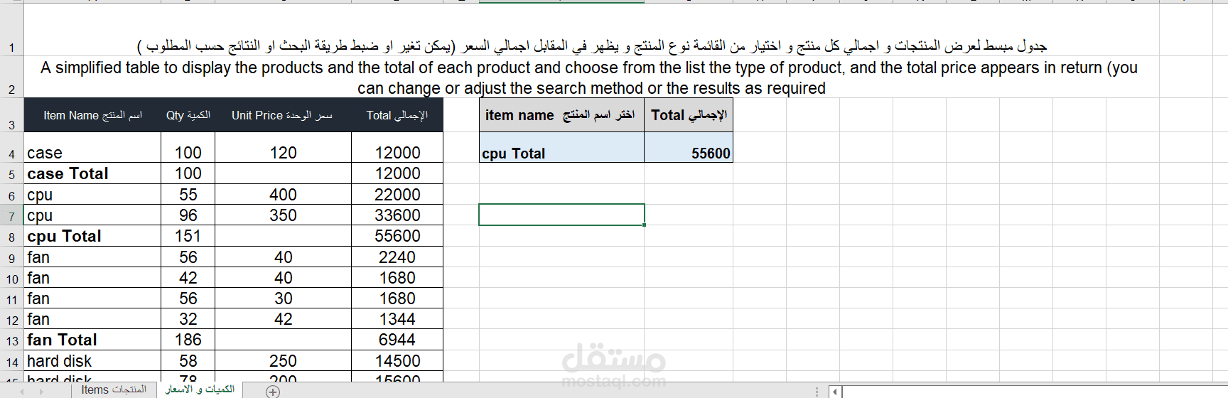 جدول مبسط لعرض المنتجات و اجمالي كل منتج