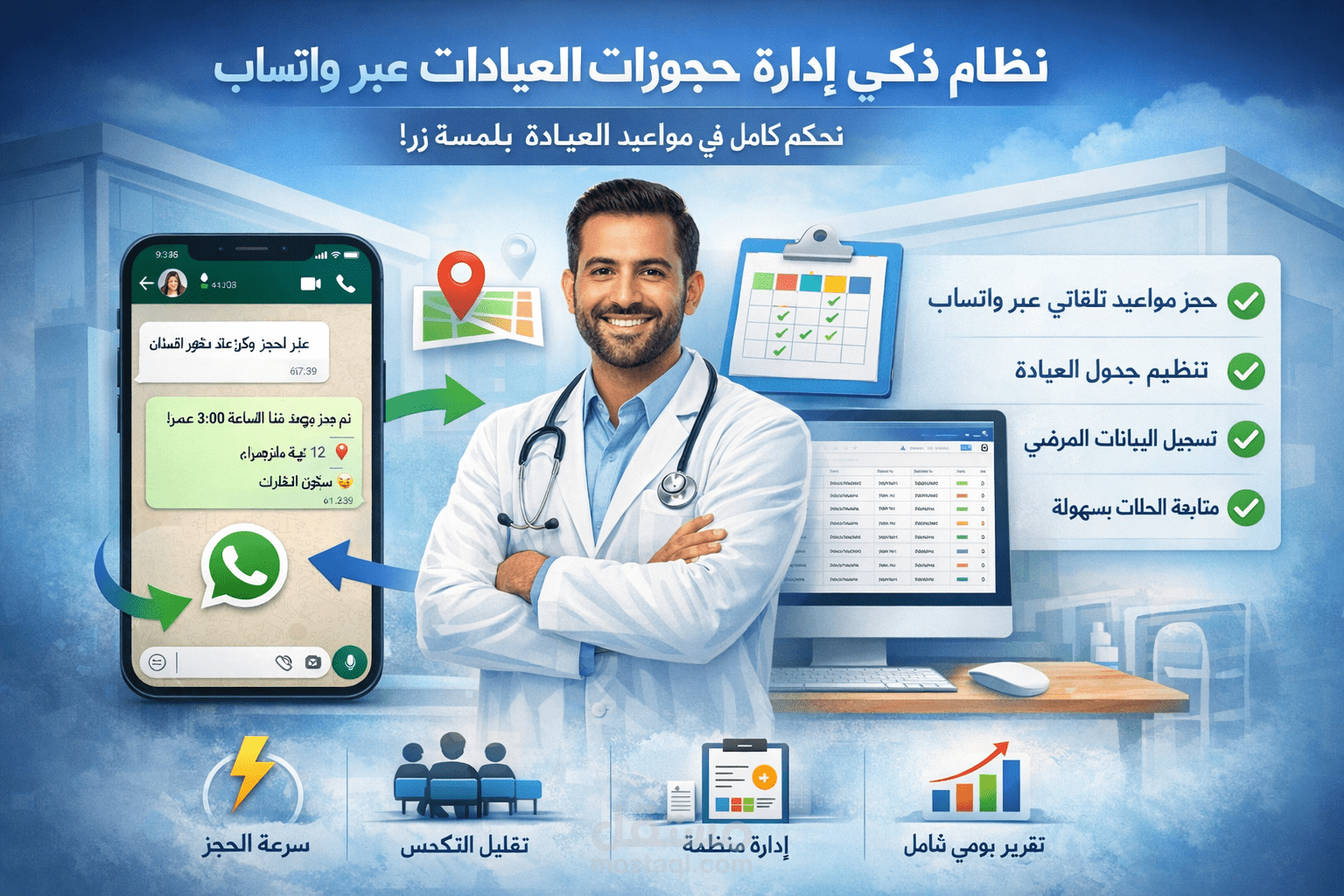 نظام ذكي لإدارة حجوزات العيادات وتنظيم المواعيد عبر واتساب