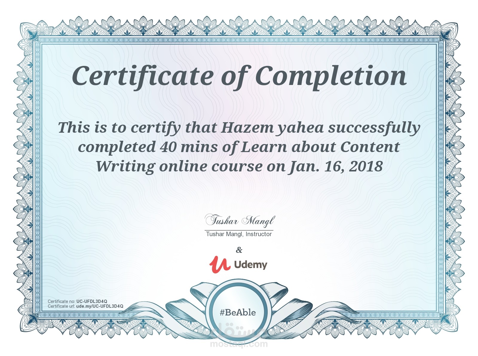 شهادة فى كتابة المحتوى من موقع Udemy