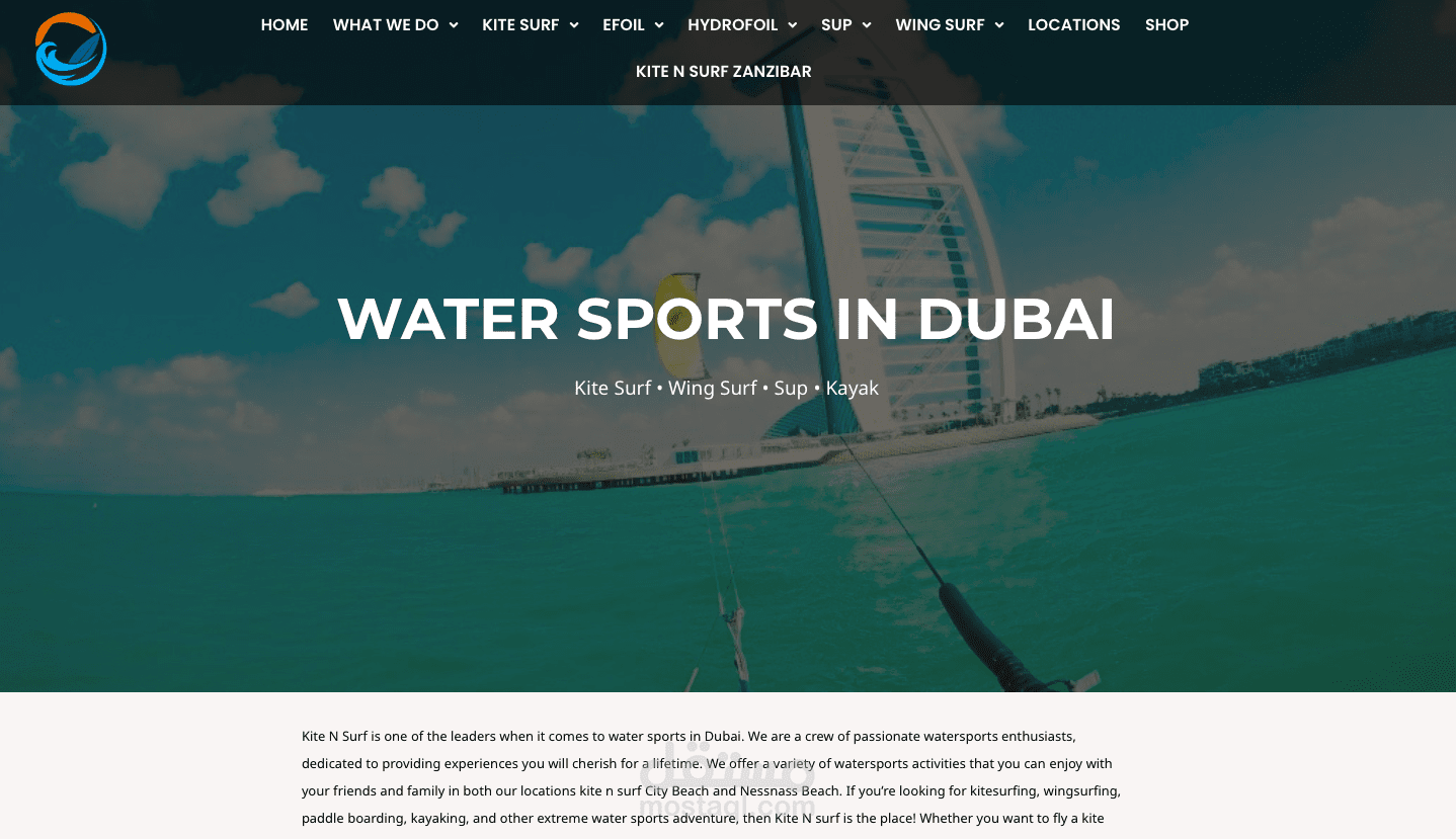 SEO for Kite N Surf  Wordpress Website a leader water sports activities in Dubai and UAE