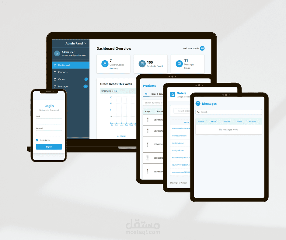 لوحة تحكم متجر Pearline - تطوير واجهة إدارة باستخدام React و Tailwind CSS