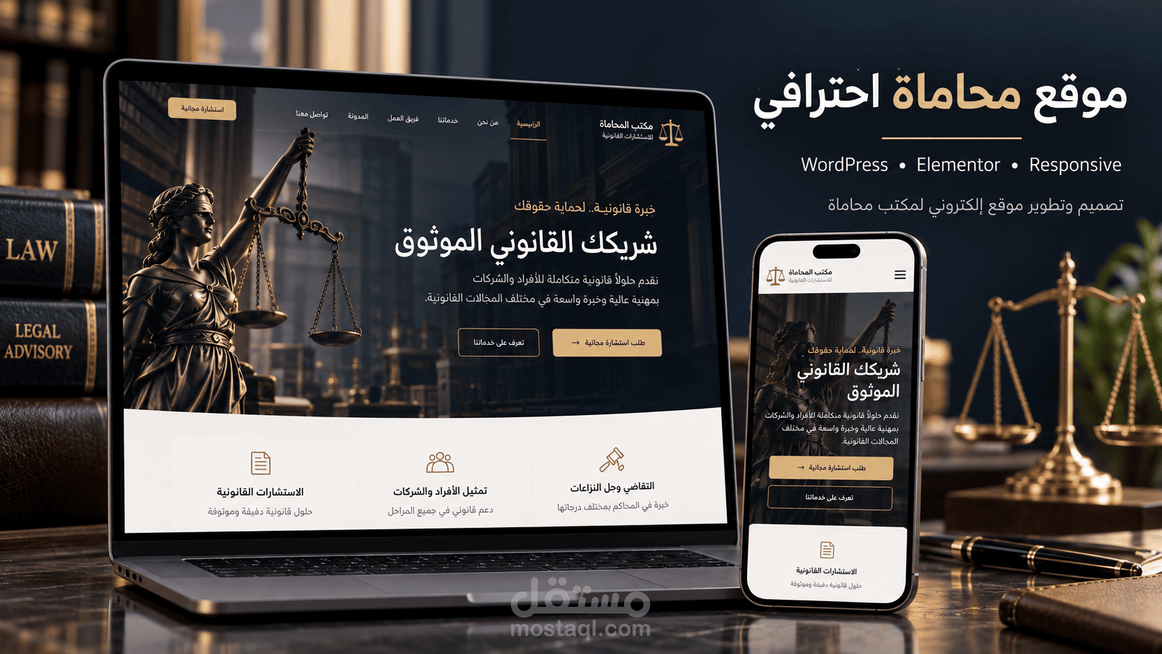 تصميم وتطوير موقع محاماة احترافي ومتجاوب باستخدام WordPress وElementor