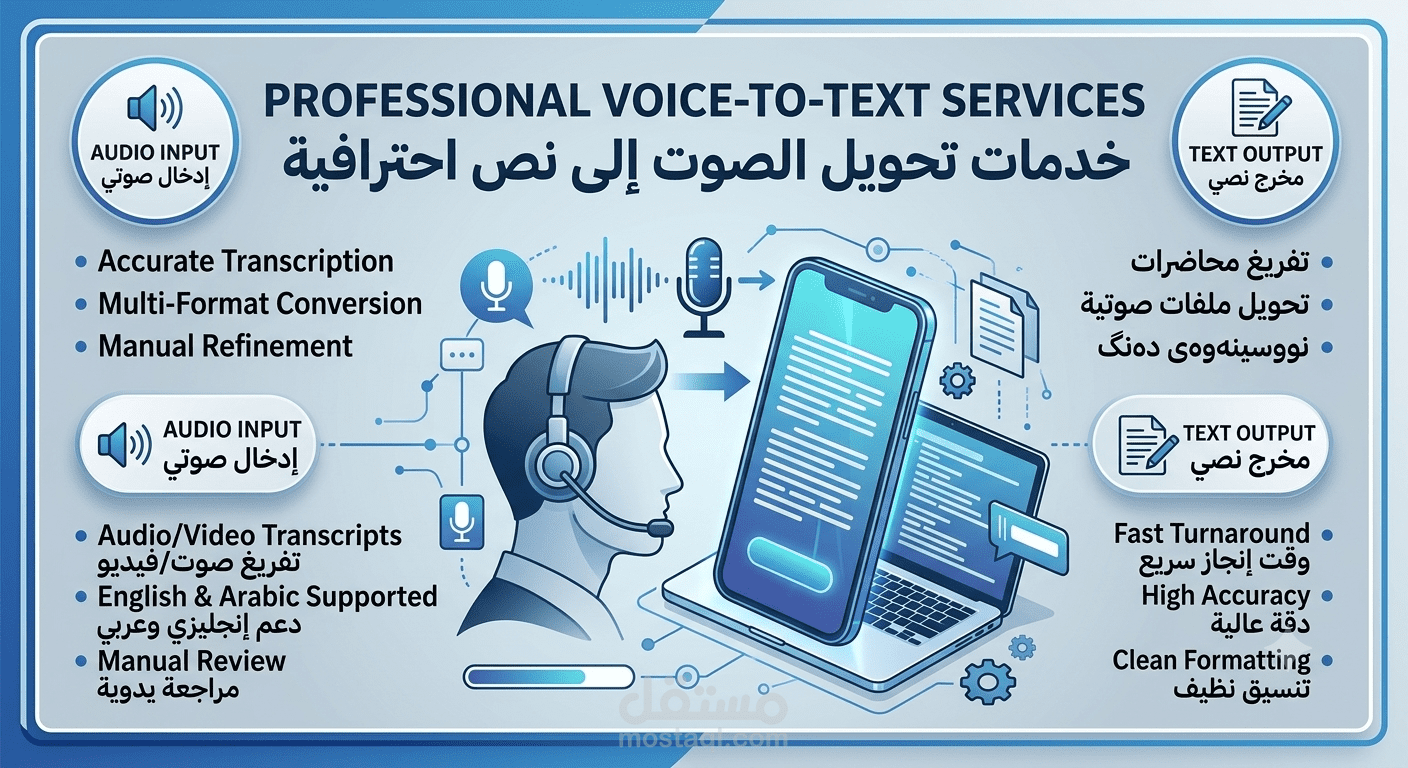 تفريغ صوتي وفيديو دقيق وسريع وتحويله إلى نصوص مكتوبة (Word / PDF)