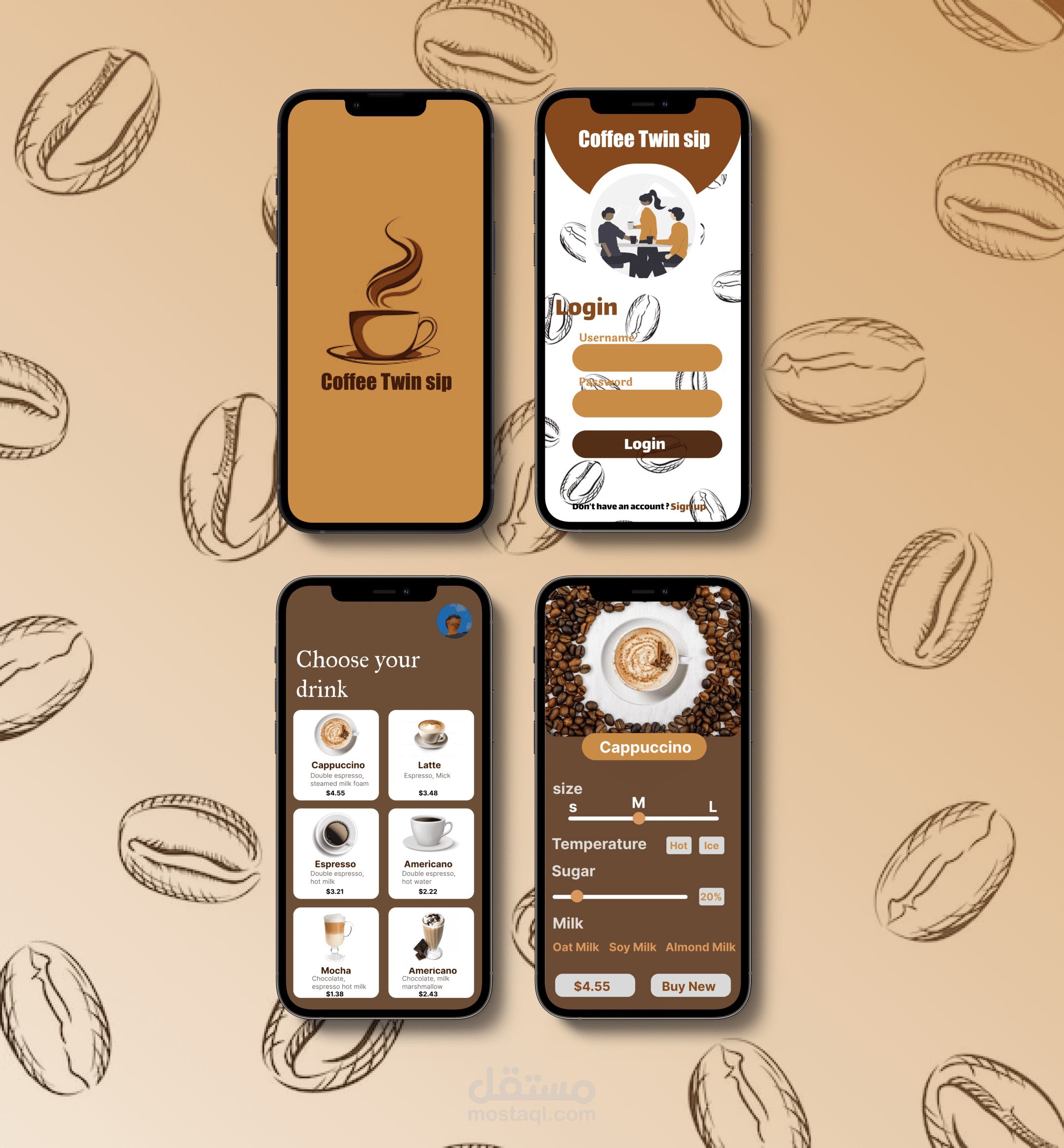 the application to request types of coffee and hot and cold drinks.
