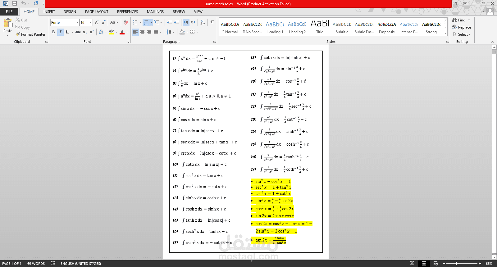 بعض قوانين التكامل في الرياضيات