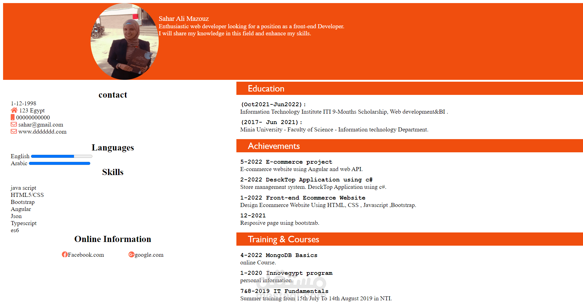 Online CV السيرة الذاتية باستخدام  html , css