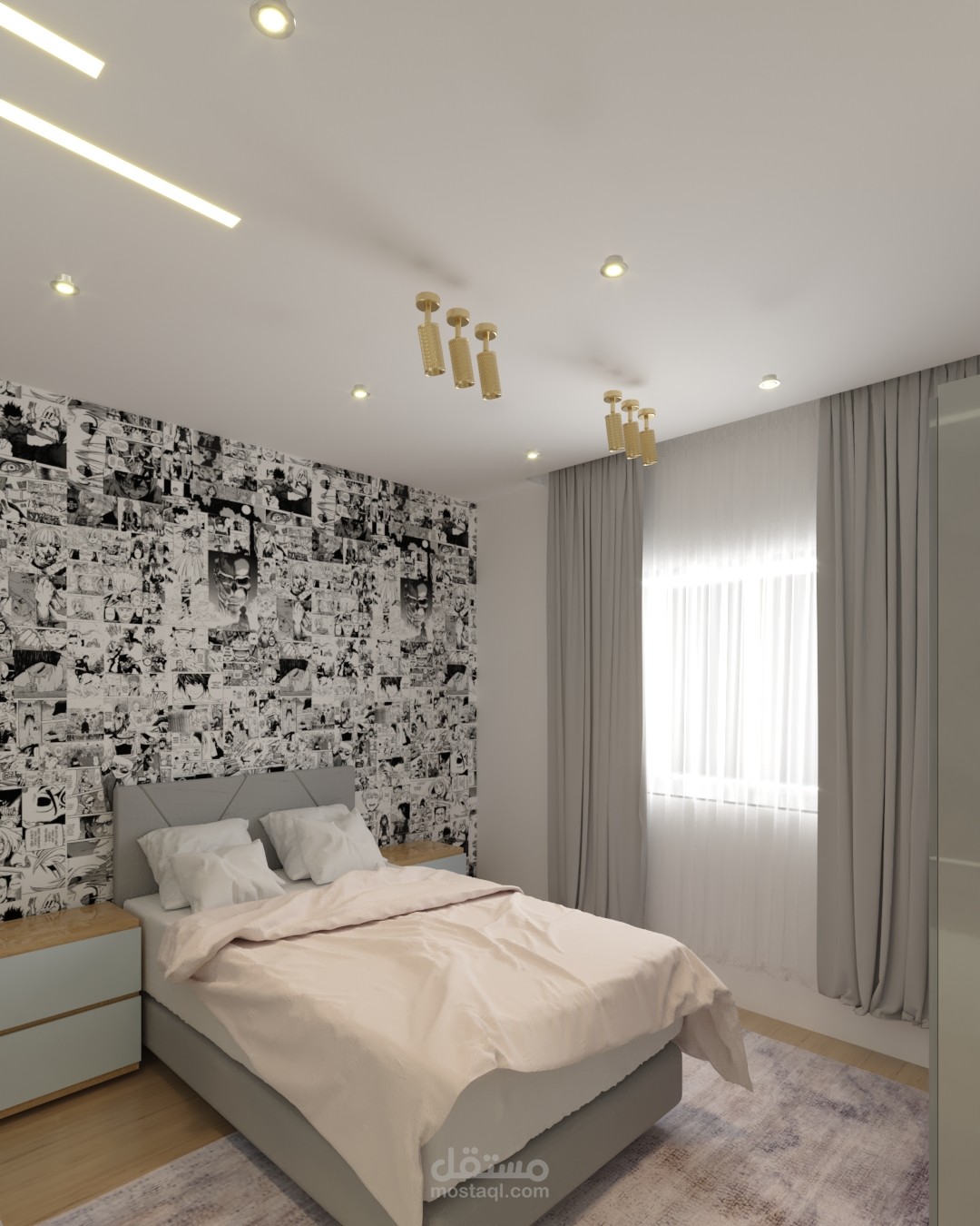 modern bed room  for one person with manga wall ️