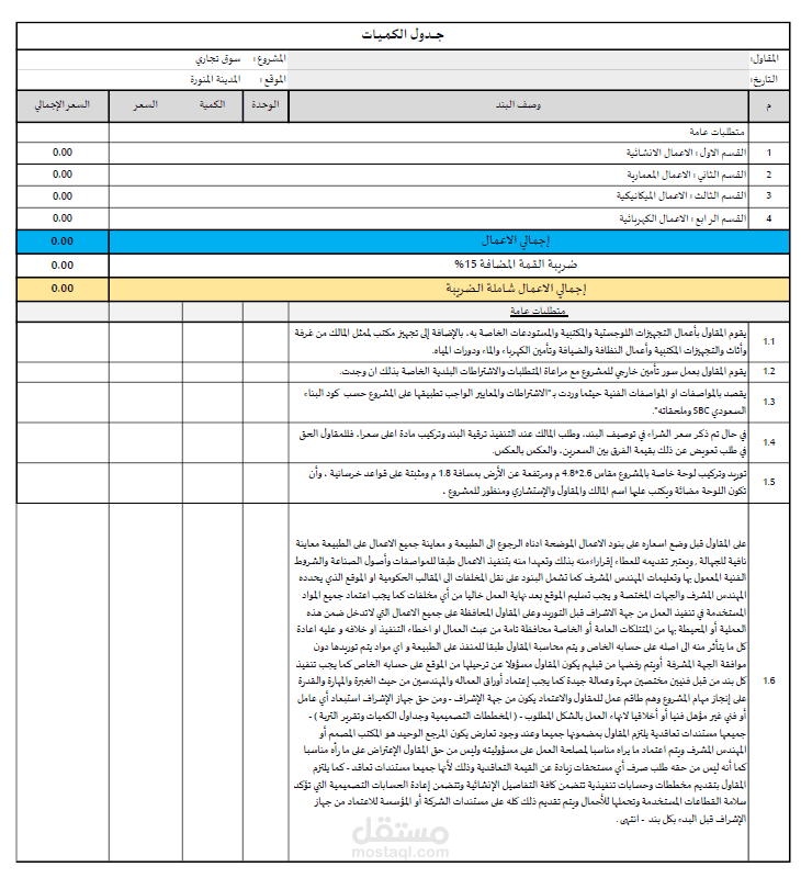 حساب كميات BOQ  لمشروع سوق تجاري بالمدينة المنورة