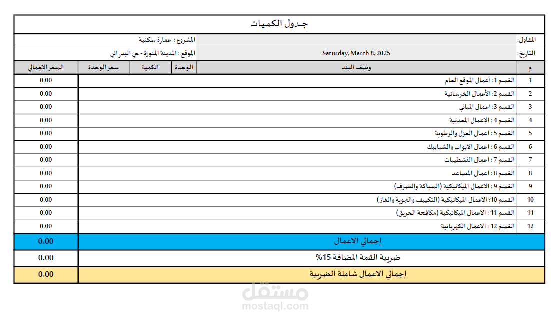 حساب كميات BOQ لعمارة شقق تمليك بالمدينة المنورة