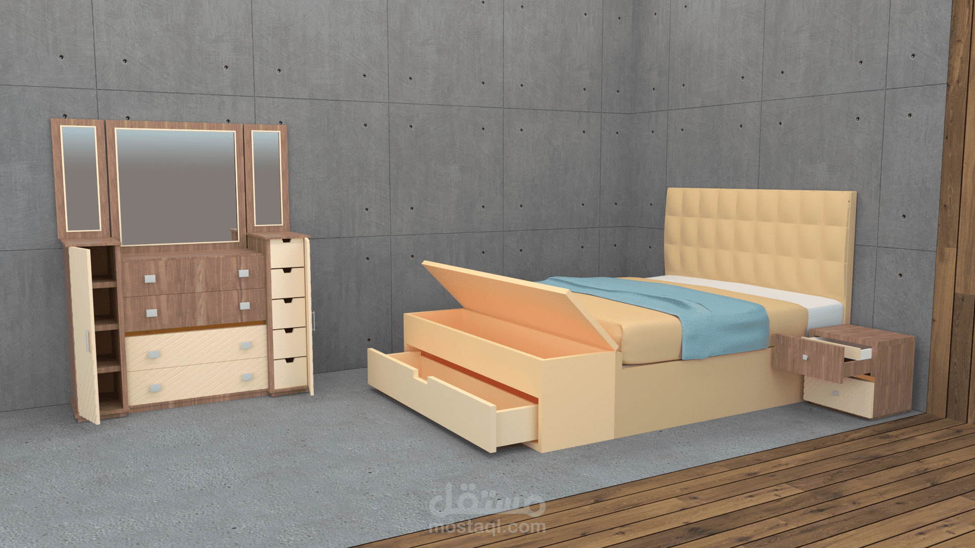تصميم ثلاثي الأبعاد لسرير + تسريحة + 2 كمود (على طلب العميل )