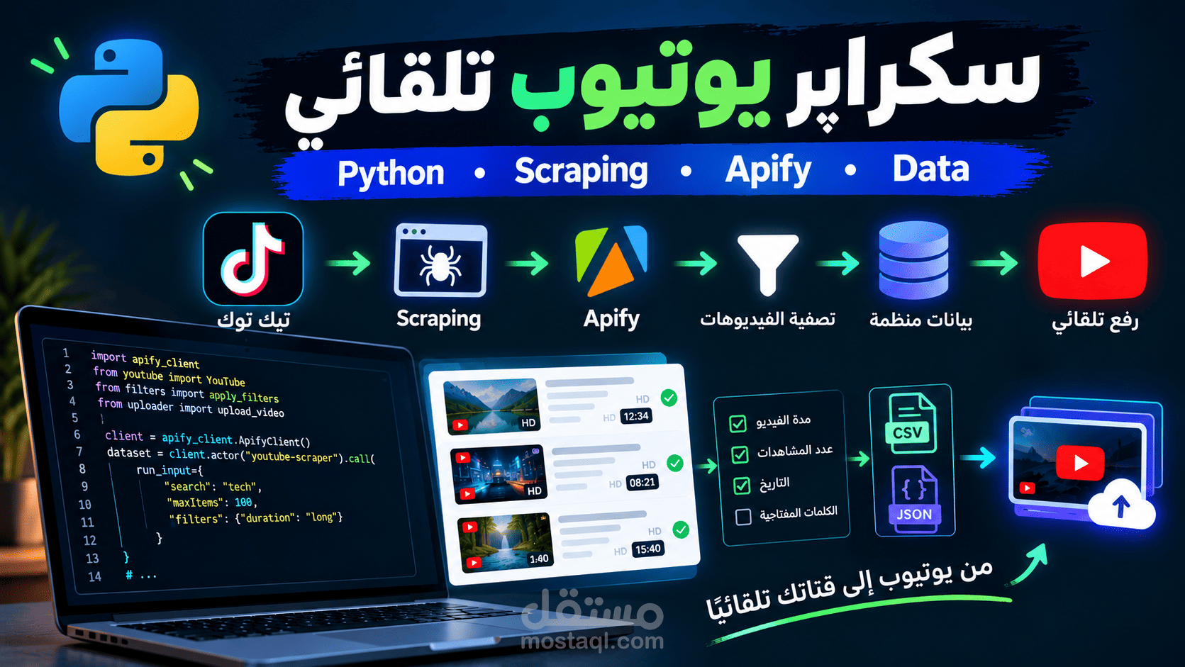 أداة أتمتة لجمع ومعالجة فيديوهات من تيك توك ليوتيوب
